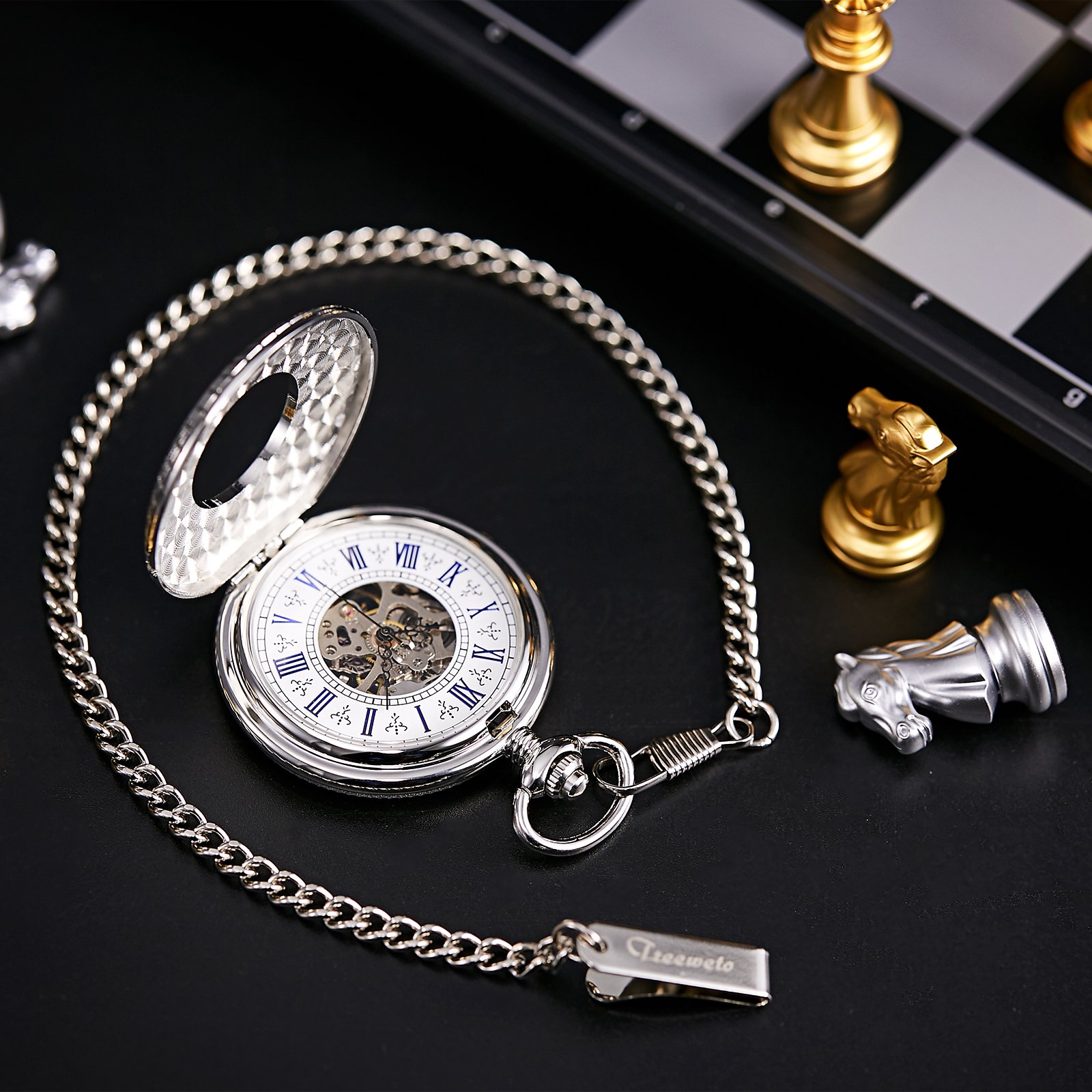 Кишеньковий Годинник TREEWETO Steampunk Скелетон Механічний Срібний, фото №6