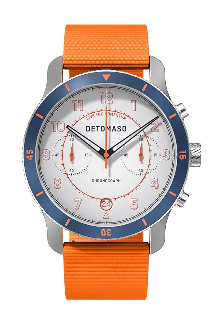Годинник DeTomaso Venture Chrono LE Білий Синій чоловічий аналоговий кварцовий ремінець помаранчевий, сріблястий, шнурок, фото №1