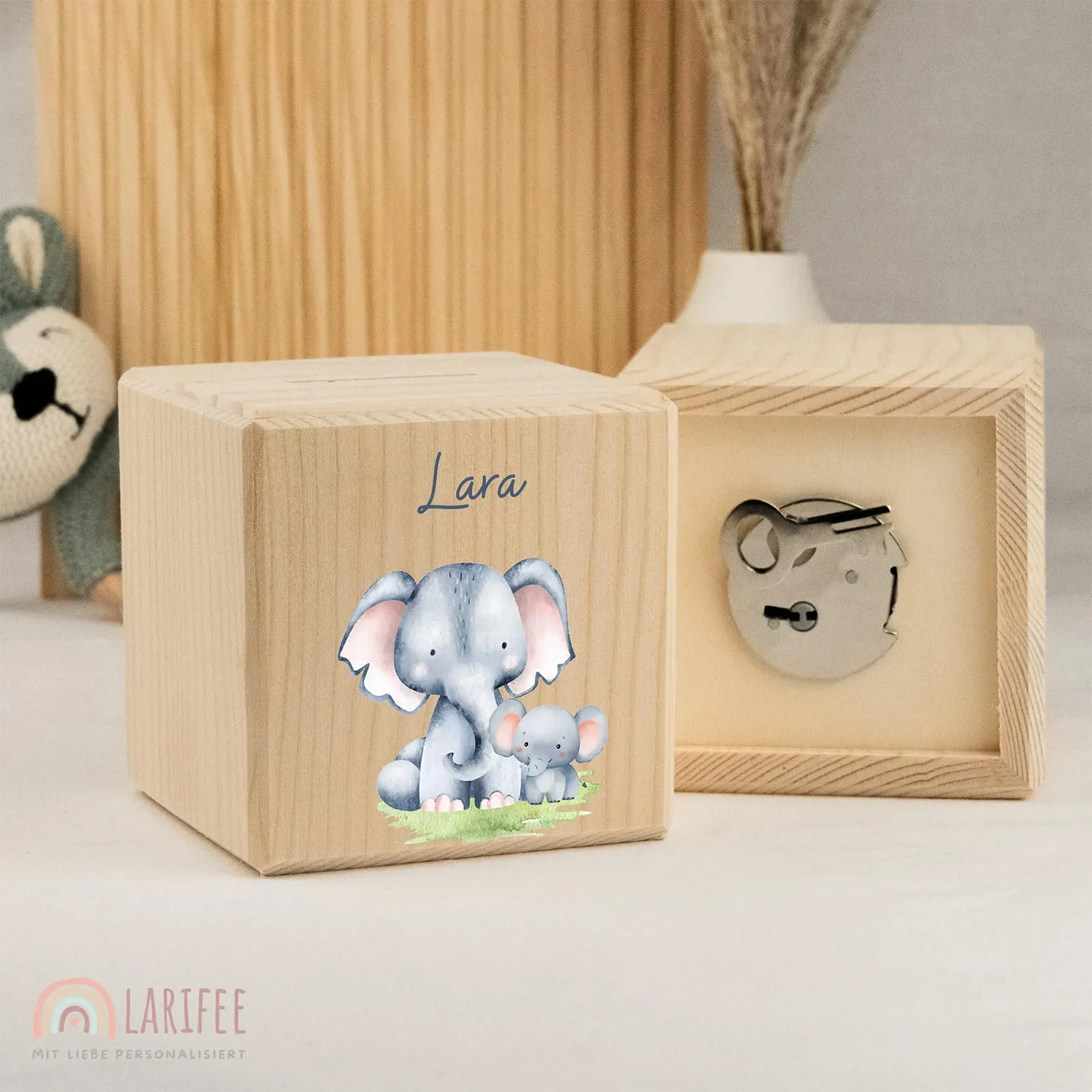 Копилка LARIFEE Персонализированная Деревянная куб со слоником на замке, фото №2