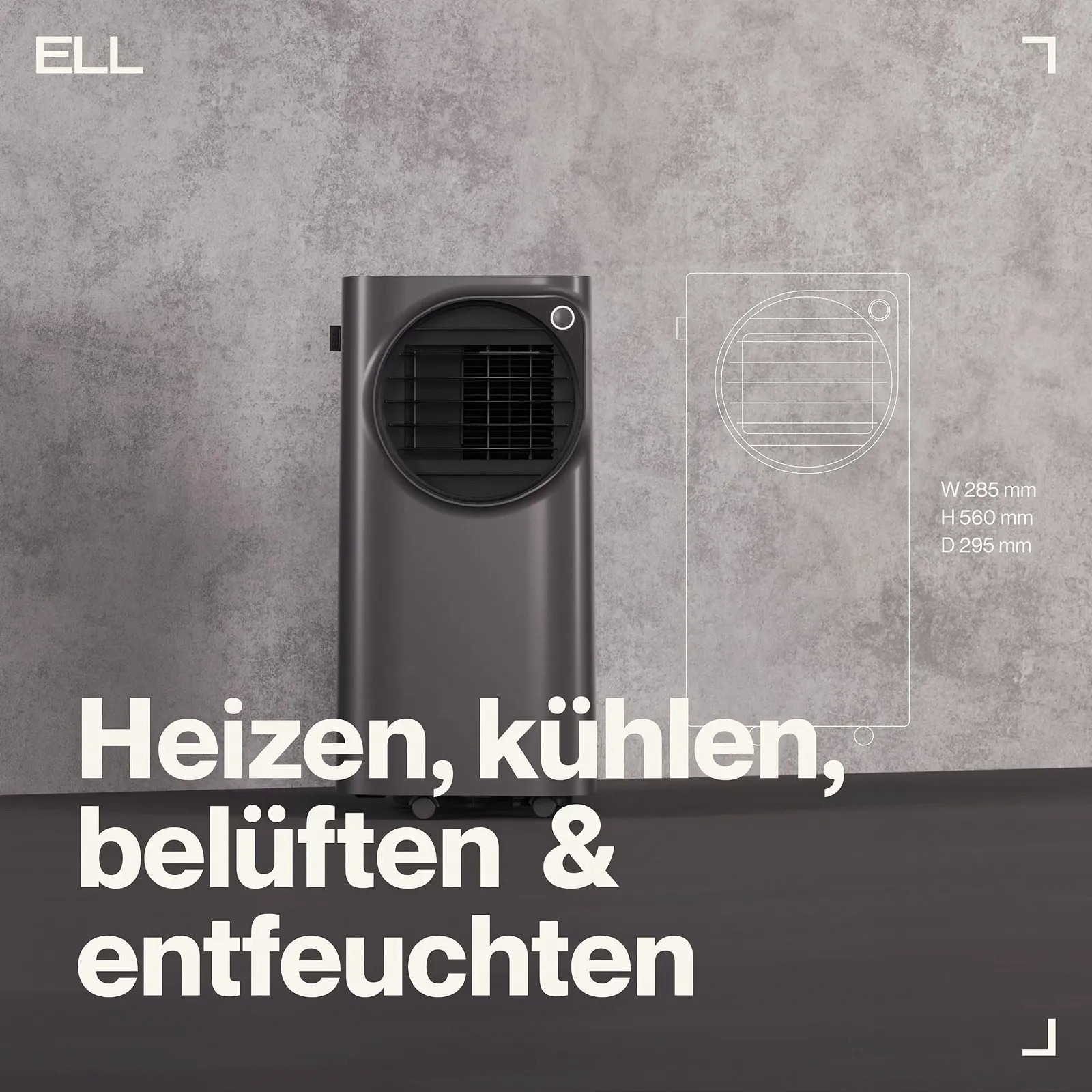 Мобільний кондиціонер 4-в-1 ELL Atmos 12000 BTU охолодження 9000 BTU обігрів Wi-Fi Сірий антрацит, фото №3