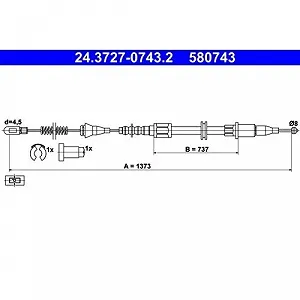 Трос стоякового гальма ATE 24.3727-0743.2 задній лівий для OPEL VAUXHALL - Фото 1