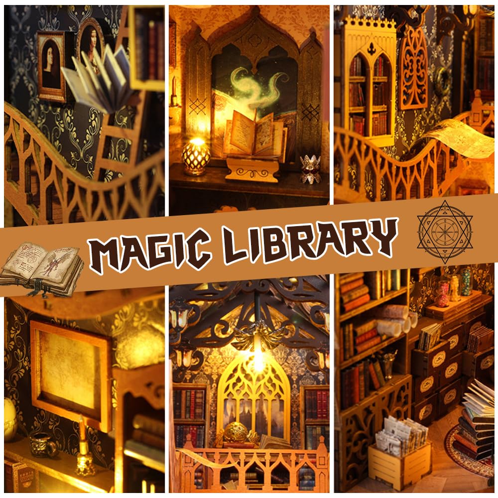 Набір KUWUNG DIY Book Nook з кришкою від пилу, куточок книжкового будиночка з LED світлом і меблями, 3D дерев'яний пазл-вставка для книжкової полиці, Художній, фото №4
