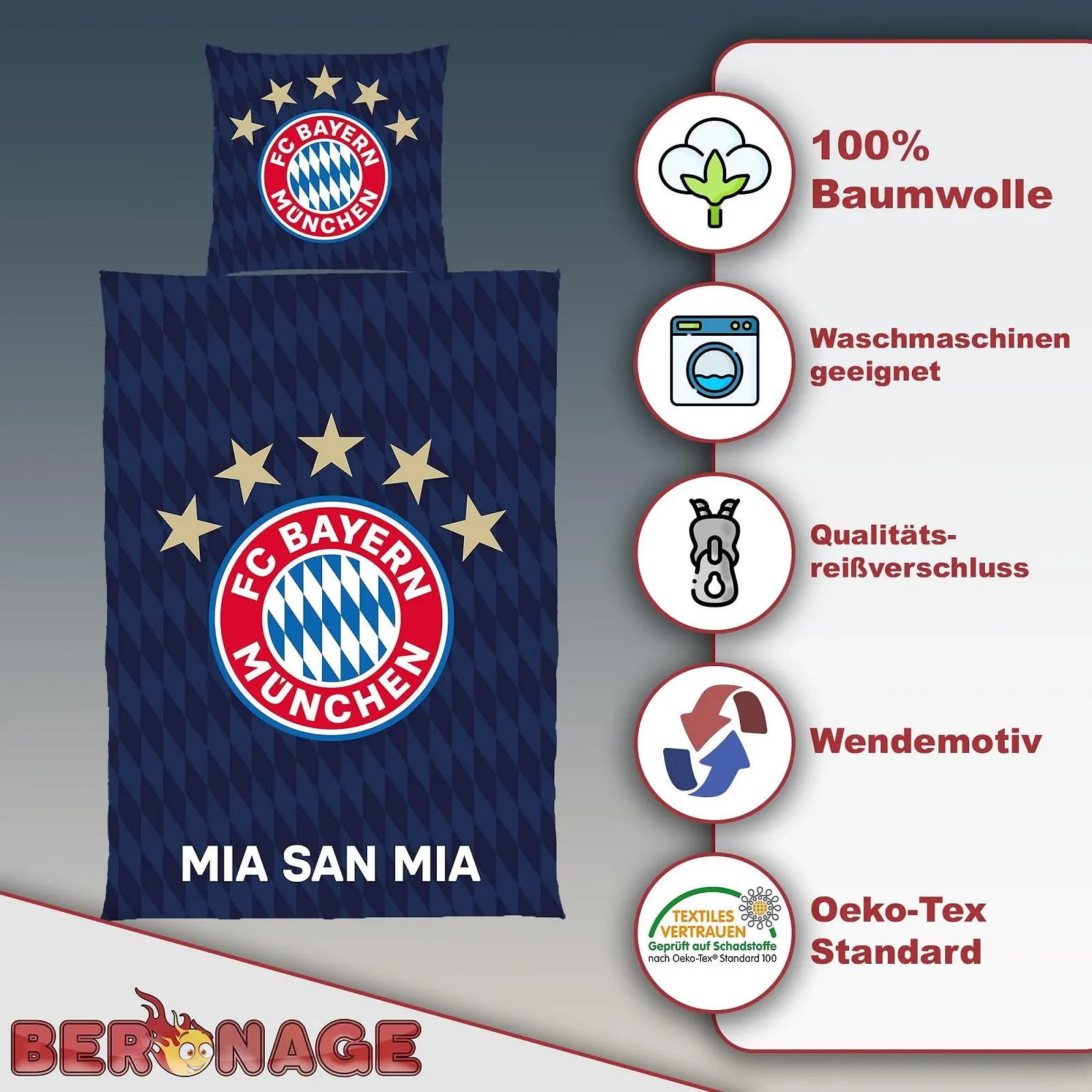 Постельное белье детское FC Bayern München Berni Mascot Allianz Arena 135x200 см 80x80 см 100% хлопок renforcé с молнией, фото №3