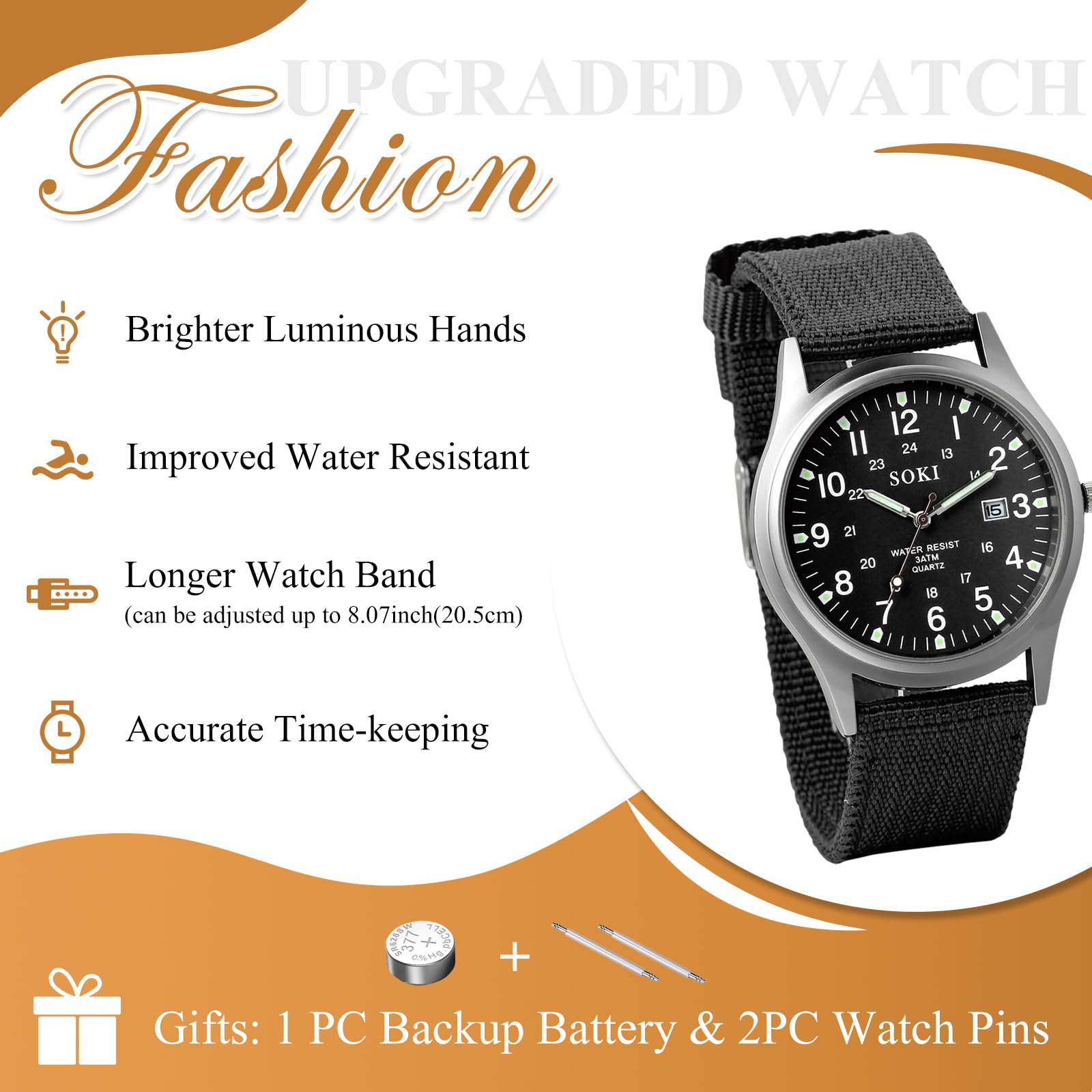 Годинник Avaner Чоловічий Тактичний Військовий Водонепроникний Кварцовий Аналоговий 24-годинні Світні Стрілки Нейлоновий ремінець, фото №3