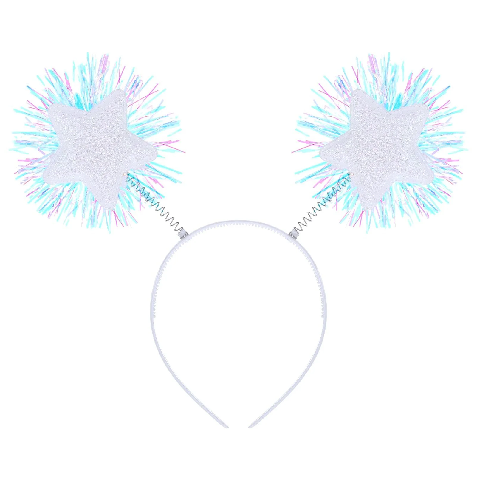 Обруч для волосся з фольгованими смужками, помпоном і блискучими зірками, білий, фото №1