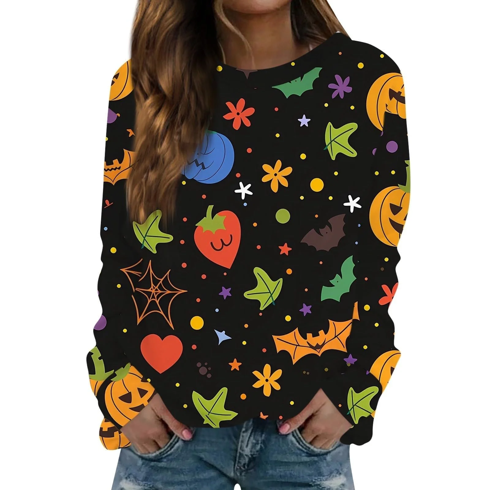 Женский Свитшот Повседневный Теплый Зимний Верх Хэллоуин Свитшот Осенний Забавный Oversized Длинный Рукав Хэллоуин Футболка Зимняя Круглая Шея Винтажный Свитшот Полной Длины, фото №1