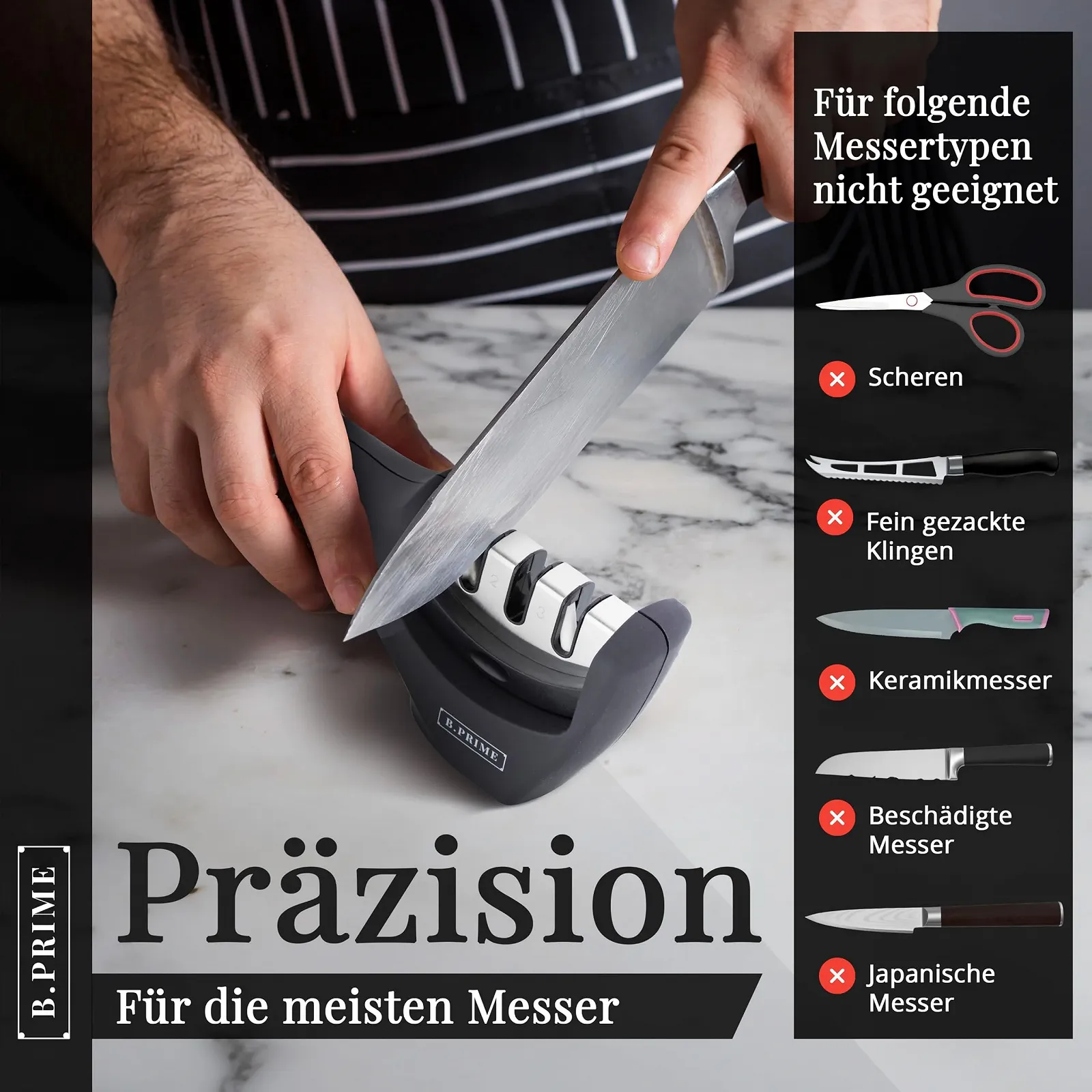 Точилка для ножів B.Prime Classic 3-етапна алмазна з вольфрамовою сталлю та керамікою, фото №7