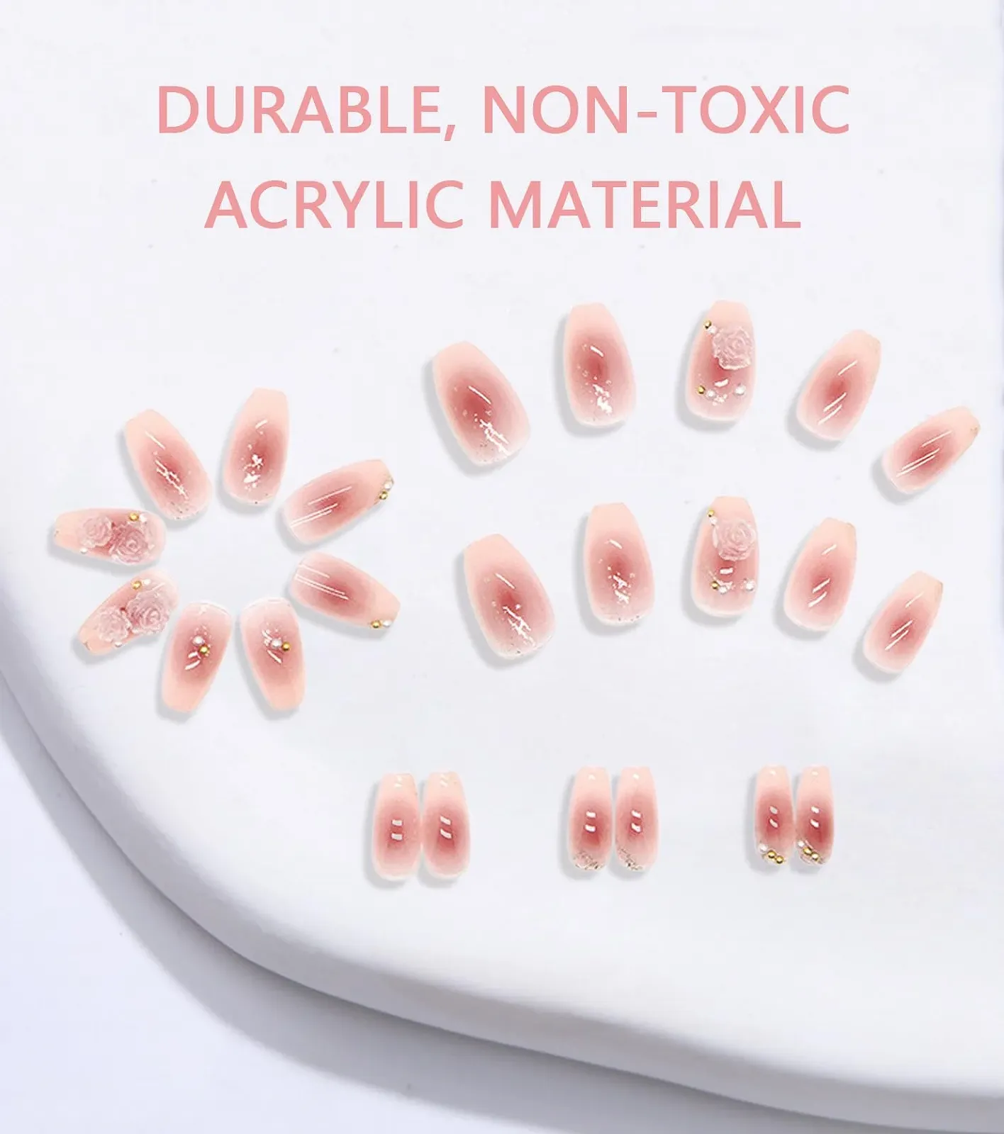 Накладные ногти TAKONE Press On Nails 24 шт., 3D цветы камелии, средние квадратные, французский дизайн, самоклеящиеся, фото №4 Накладные ногти TAKONE Press On Nails 24 шт., 3D цветы камелии, средние квадратные, французский дизайн, самоклеящиеся, фото №4
