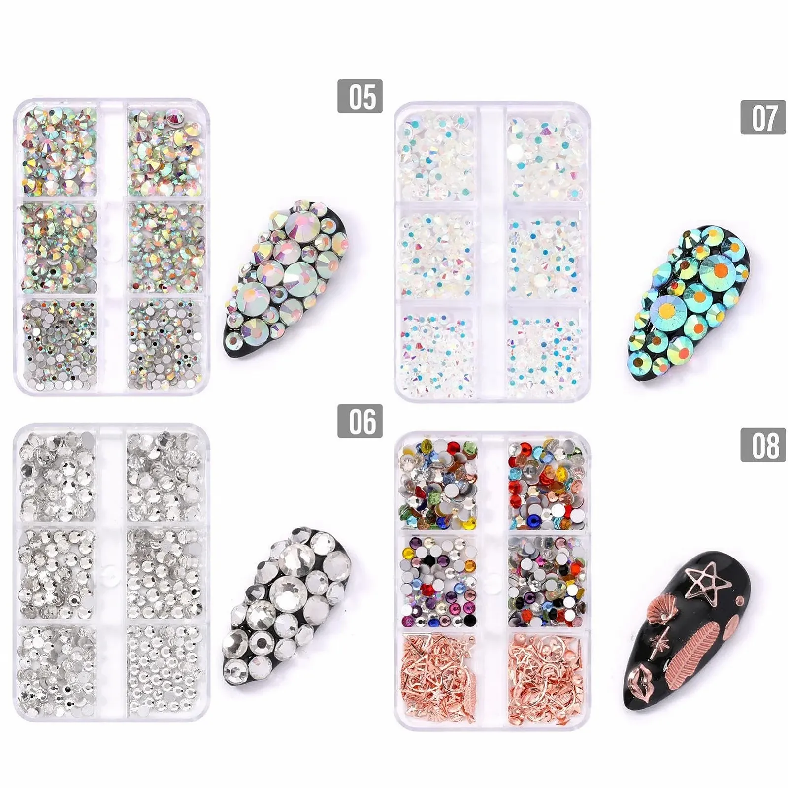 Стразы для ногтей Разноцветные, радужные кристаллы AB, 8 коробок, блестящие разноформенные стразы для ногтей с плоской задней стенкой, фото №5