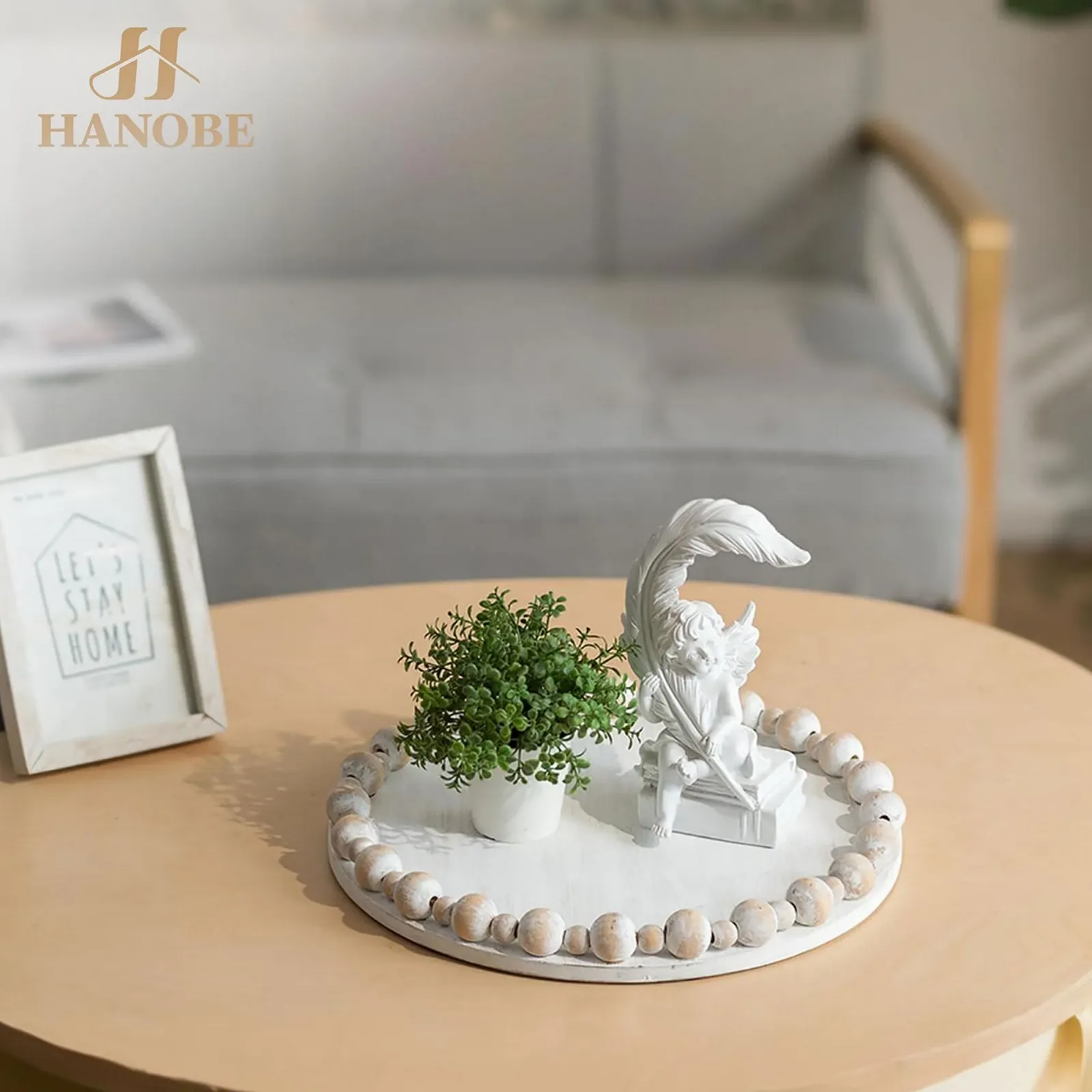 Круглый декоративный поднос Hanobe Деревянный, с искусственным жемчужным краем, фото №9