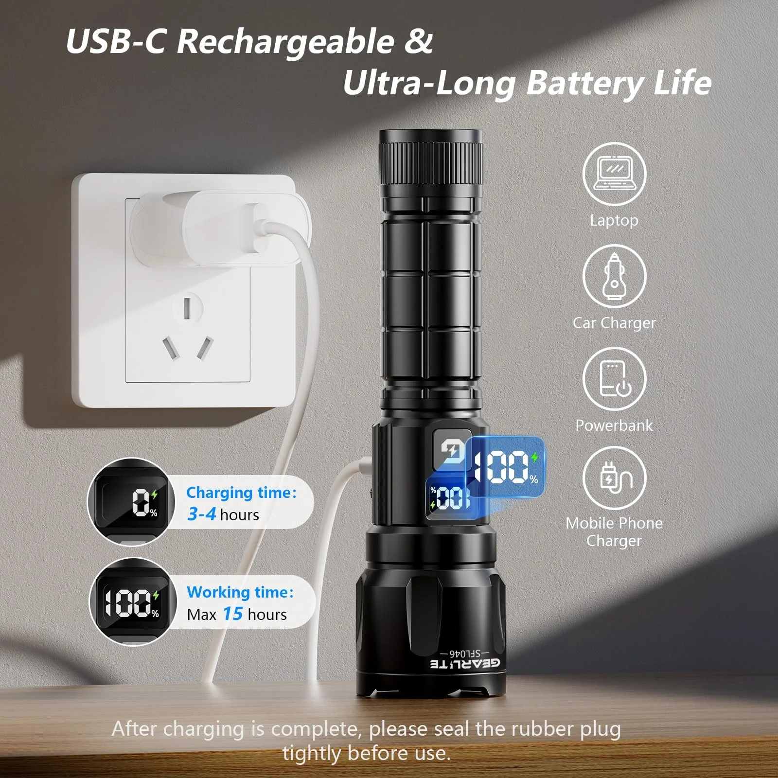 LED Ліхтар GEARLITE 2025 6000 люмен, тактичний, масштабований, 3 режими, IP65, водонепроникний, фото №4