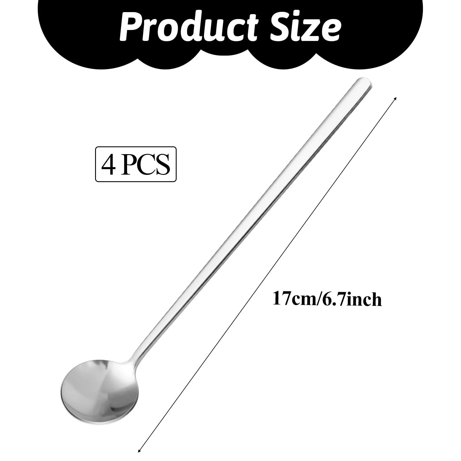 Ложки чайні з нержавіючої сталі, набір 4 штуки, 17 см, Latte Macchiato, срібні, з довгою ручкою, для кави, морозива, еспресо, десертів, фото №3