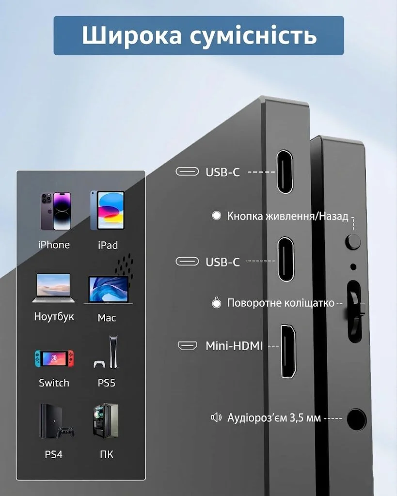 Портативний монітор 14" Yodoit PTM14 Full HD IPS 60 Гц, фото №5 Портативний монітор 14" Yodoit PTM14 Full HD IPS 60 Гц, фото №5