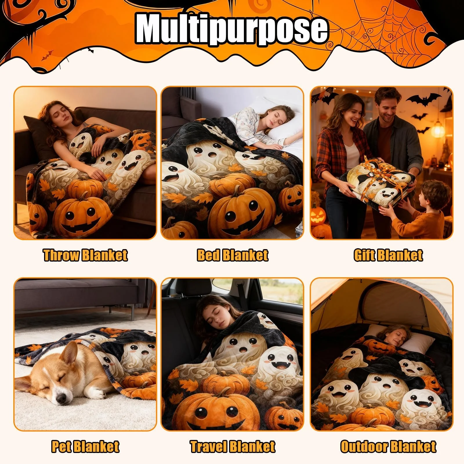 Покривало Nlqhyrexion Halloween, 150 x 200 см, пухнаста, м'яка - подарунковий набір з мотивами гарбуза та привида, фото №7