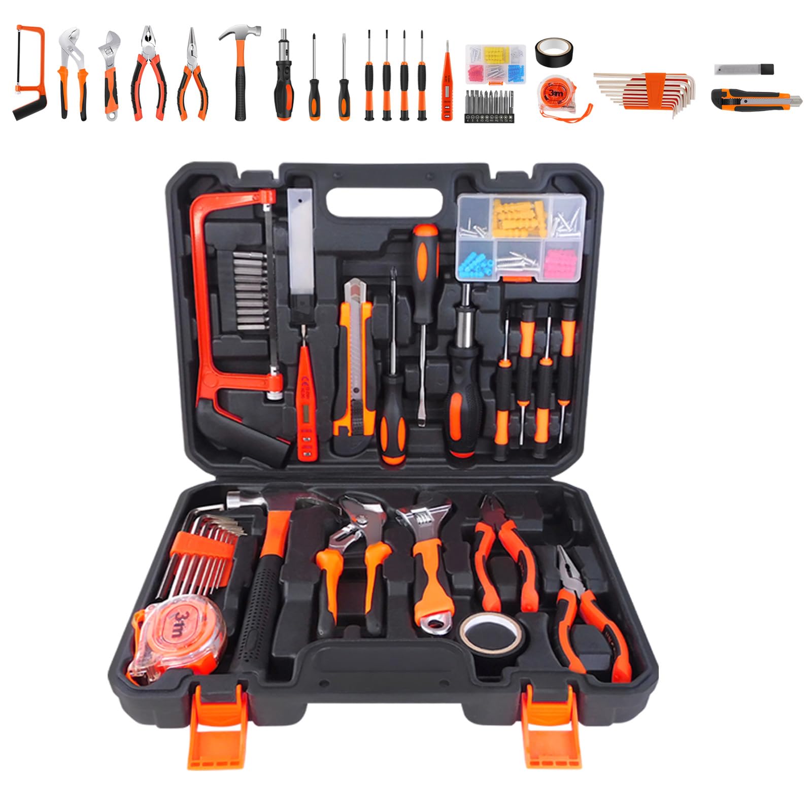 102 шт. Професійний набір інструментів з викруткою, плоскогубцями із сталевого дроту, канцелярським ножем, гайковим ключем, ножівкою і ящиком для інструментів, фото №1