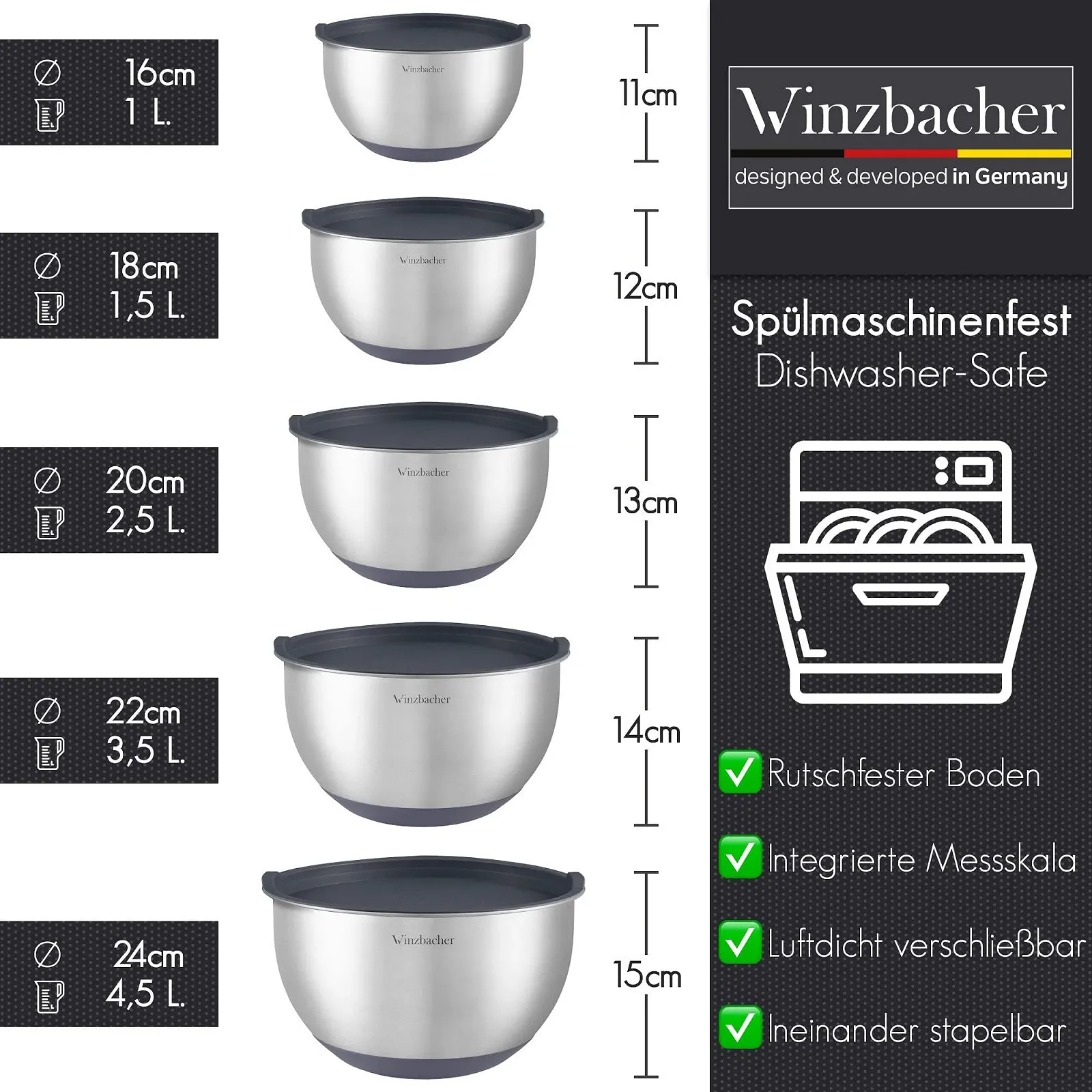 Набор мисок Winzbacher с крышками 5 шт 1л, 1,5л, 2,5л, 3,5л, 4,5л нержавеющая сталь, фото №2 Набор мисок Winzbacher с крышками 5 шт 1л, 1,5л, 2,5л, 3,5л, 4,5л нержавеющая сталь, фото №2