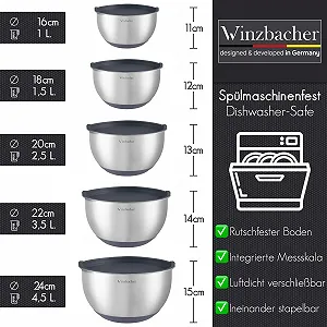 Набір мисок Winzbacher з кришками 5 шт 1л, 1,5л, 2,5л, 3,5л, 4,5л нержавіюча сталь synthetic.ua - Фото 1