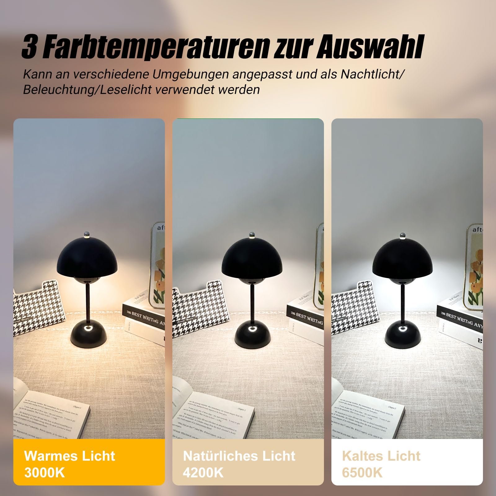 Світлодіодна настільна лампа EXTRASTAR Flowerpot грибоподібна сенсорна бездротова 3 колірні температури USB чорна, фото №3