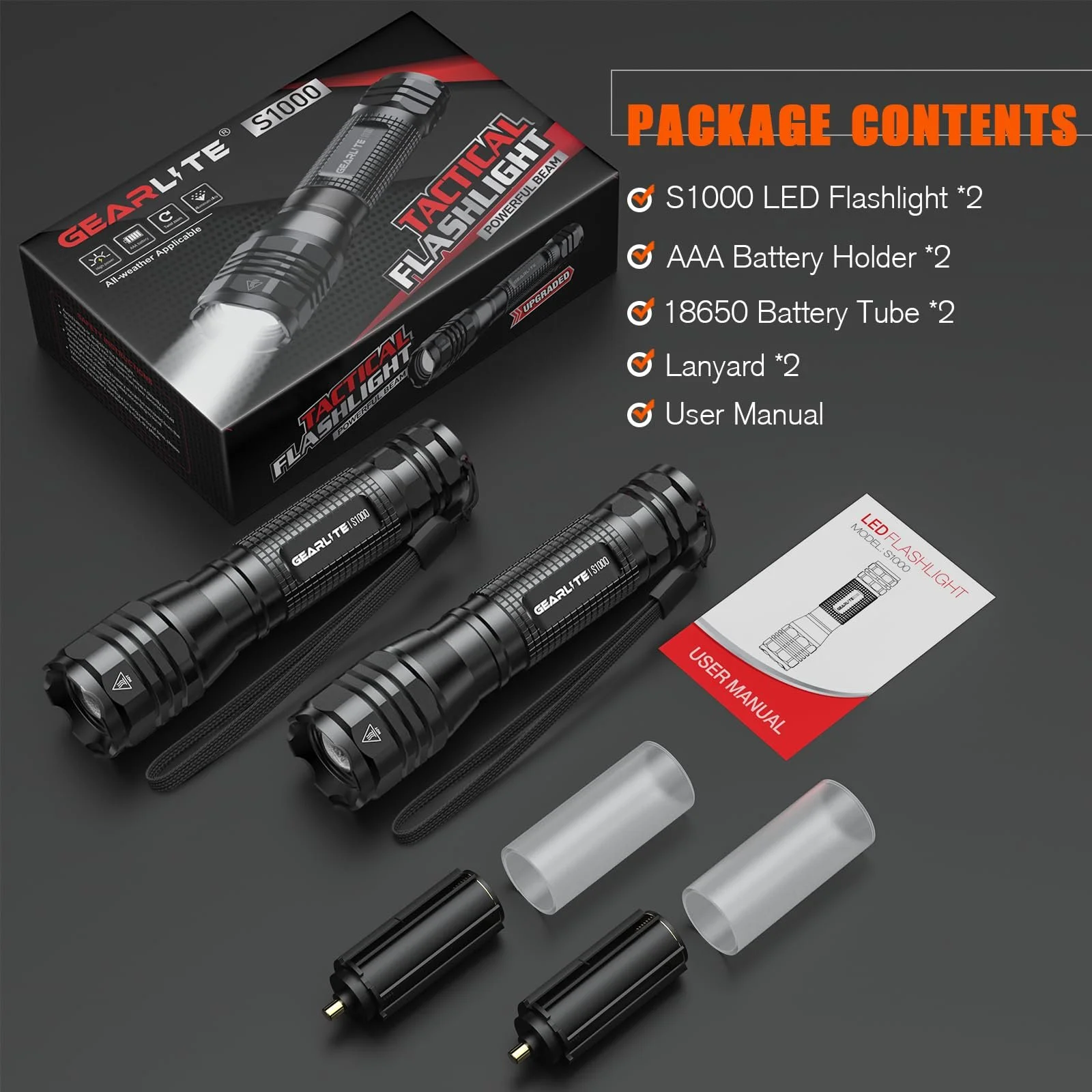 Ліхтар LED GEARLITE Надзвичайно яскравий, 4000 люмен, алюміній, 5 режимів, масштабований, IP65 водонепроникний - 2 шт, фото №5