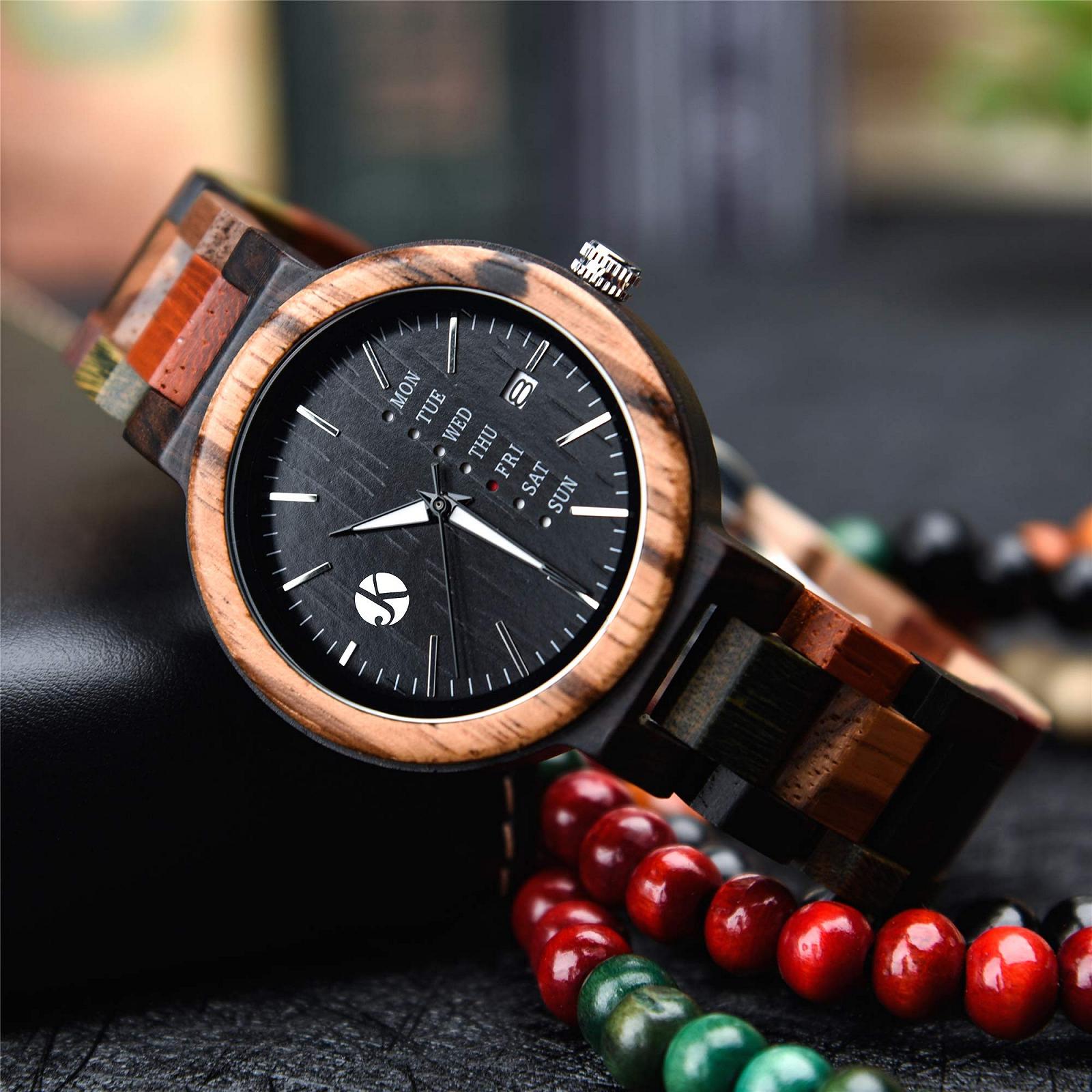 Мужские часы из дерева и нержавеющей стали Kim Johanson Colourful Week с отображением даты и дня, коричневый, фото №4 Мужские часы из дерева и нержавеющей стали Kim Johanson Colourful Week с отображением даты и дня, коричневый, фото №4