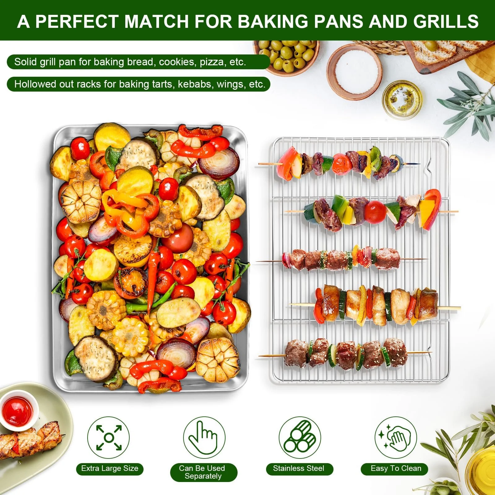 Противень для выпечки Cozary с решеткой для охлаждения 31,5 x 24,5 x 2,5 см нержавеющая сталь 304 прямоугольный, фото №4