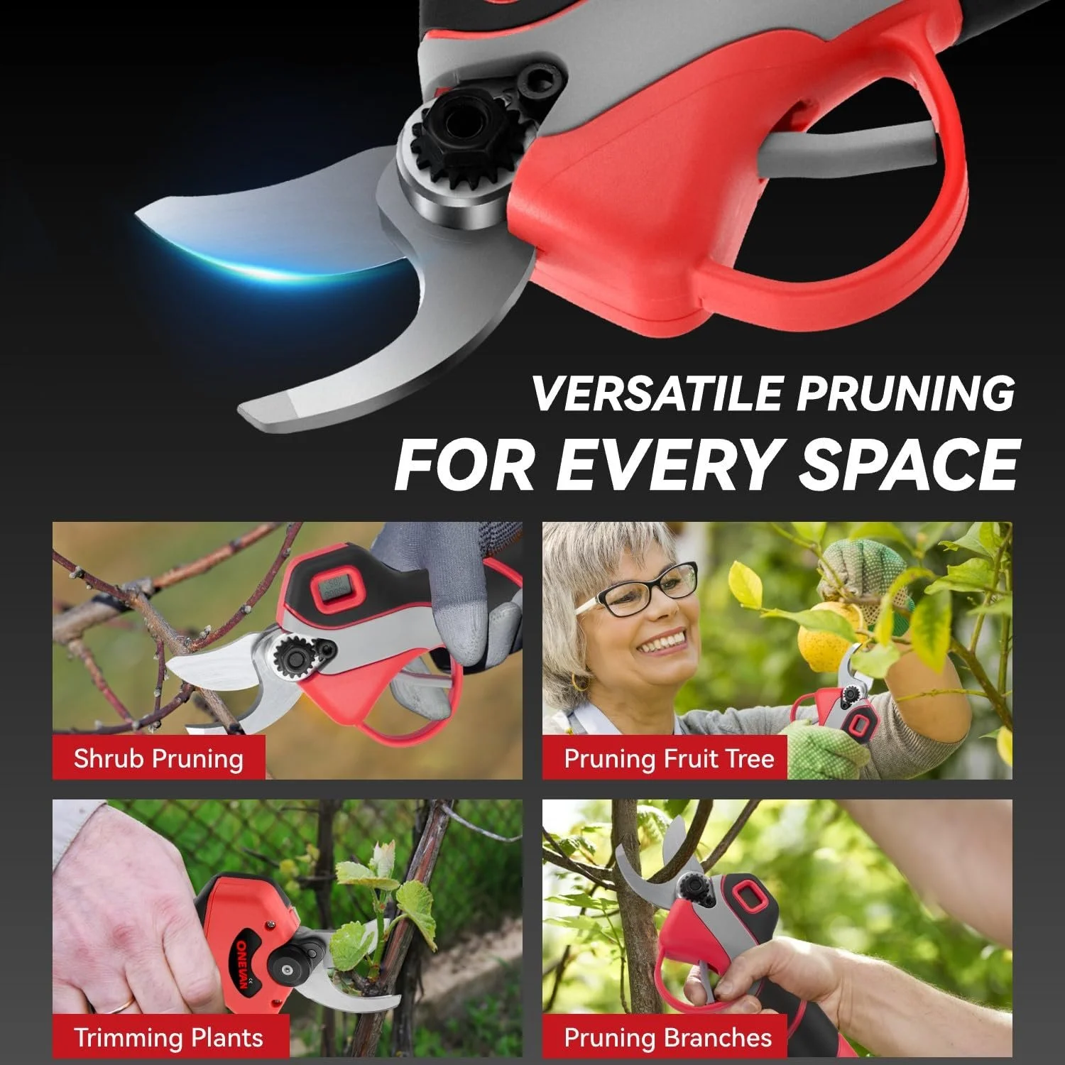 Сучкоріз акумуляторний ONEVAN, діаметр різу 30 мм, червоний (2 акумулятори), фото №7