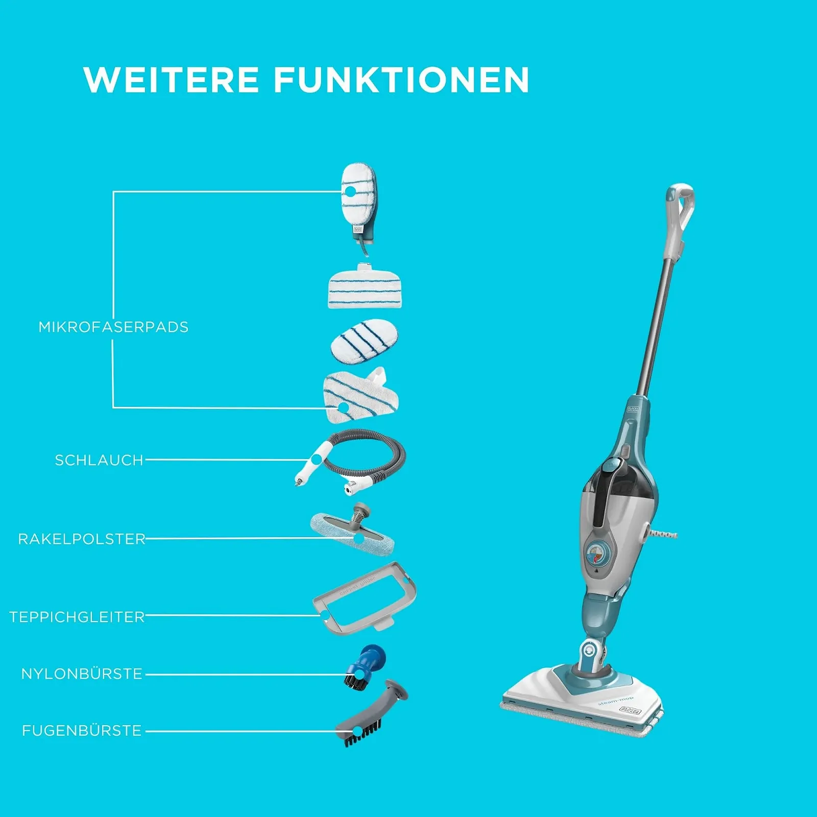 Парова швабра BLACK+DECKER BHSM166DSM-QS 2-в-1 SteaMitt з 11 аксесуарами, фото №11