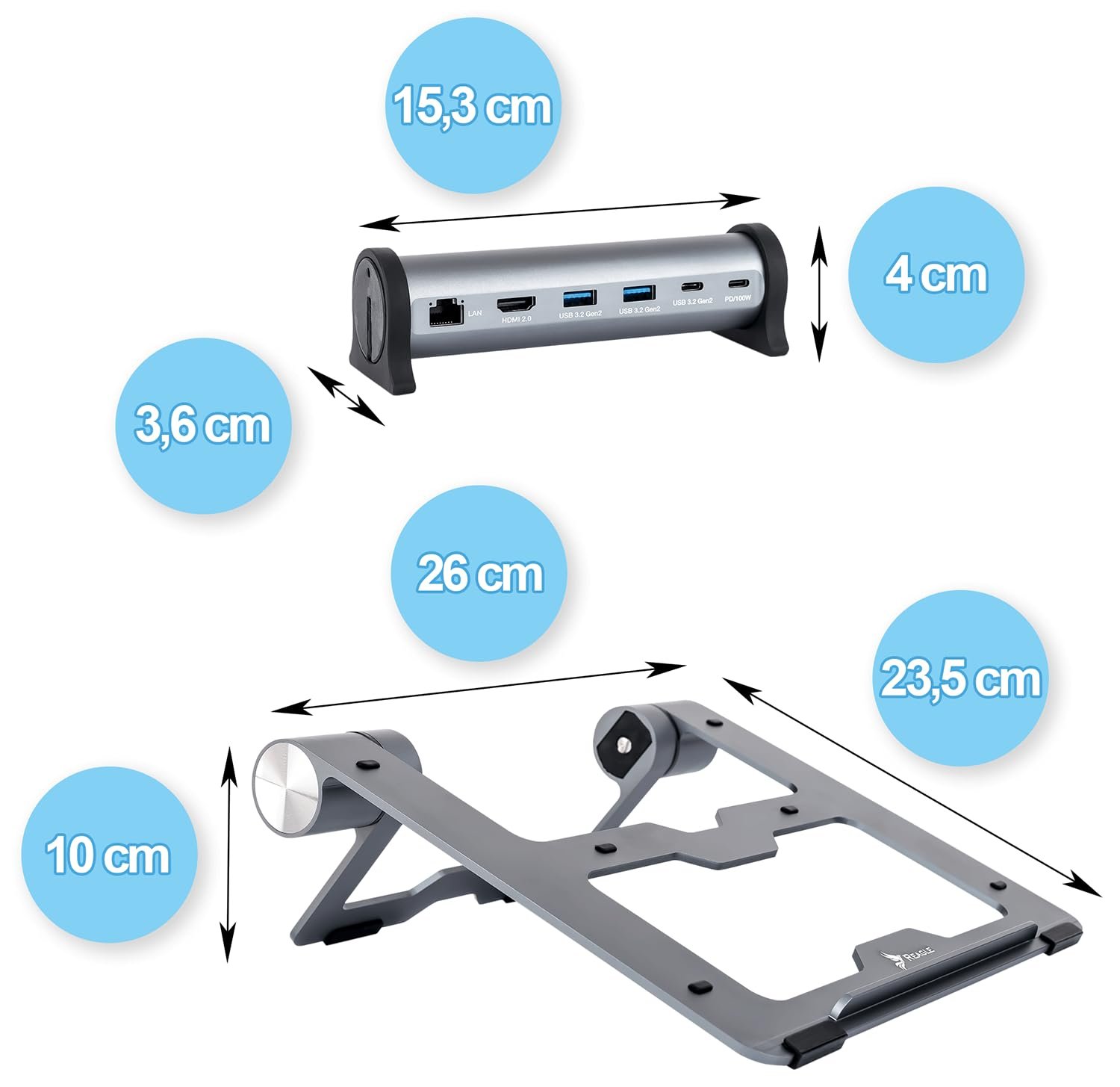 Підставка для ноутбука Reagle Регульована Складна MacBook HUB HDMI Живлення 100 Вт LAN USB-C Алюміній 10 Гбіт/с Plug and Play (Сріблястий), фото №6