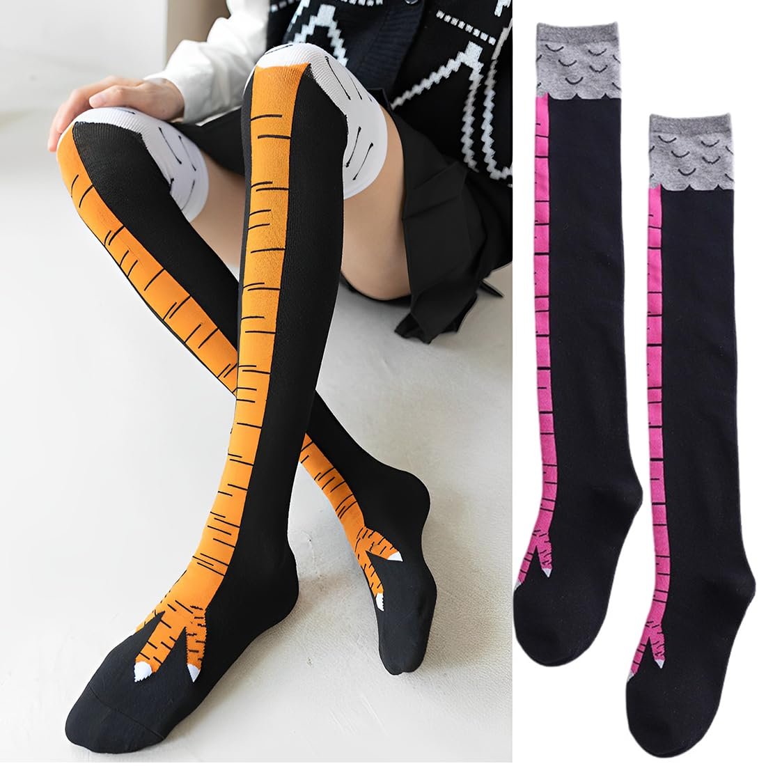 2 пары чулок выше колен, женские носки «Куриные лапки», носки «Куриные ножки», женские носки «Курица», черный цвет, фото №4