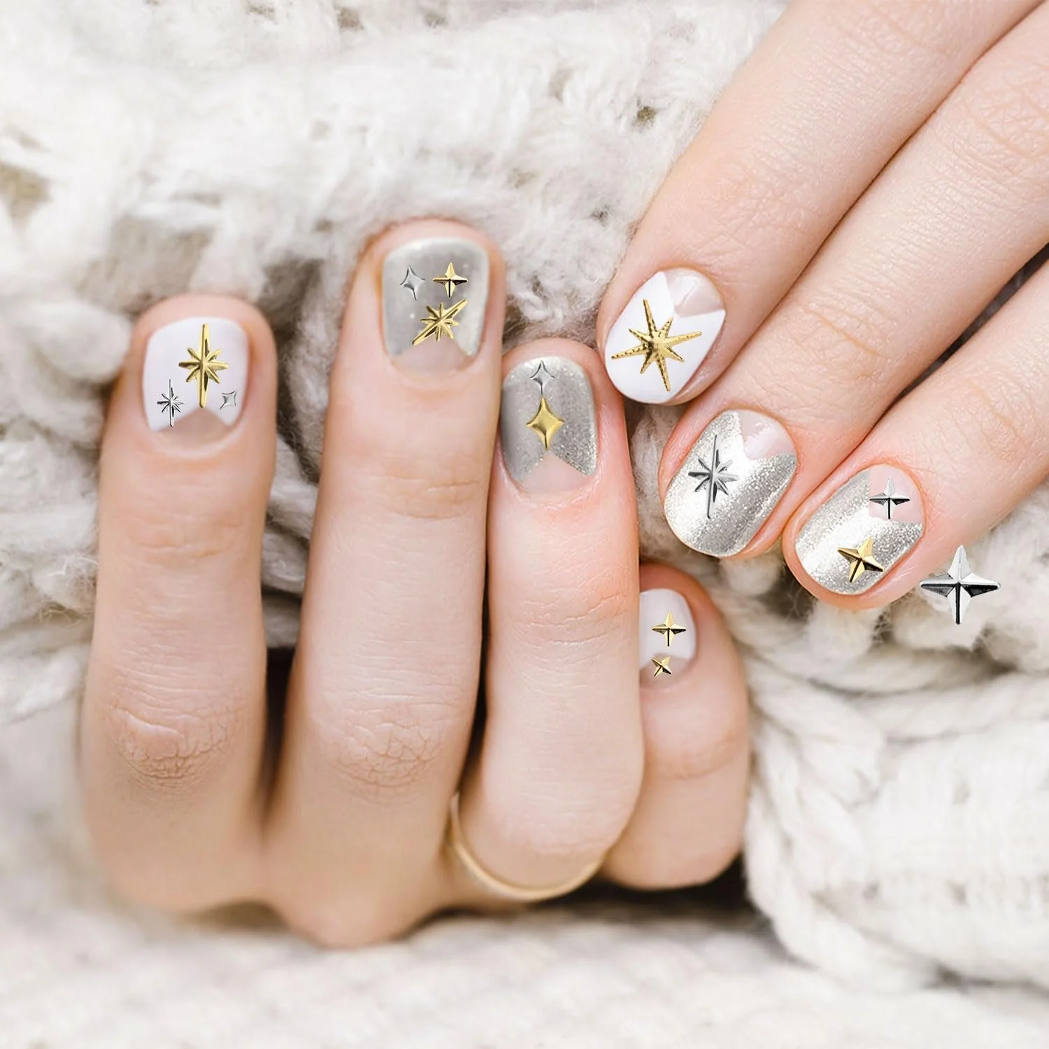 Подвески звёздочки для ногтей, 400 шт, 6 стилей, 3D украшения для ногтей, золотой, серебряный, фото №5