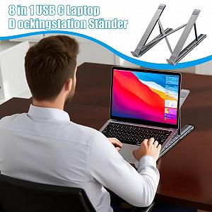 Подставка для ноутбука с портами USB, регулируемая по высоте охлаждающая подставка для компьютеров, эргономичный многопортовый адаптер с функцией быстрой зарядки для компьютера, ноутбука, дома, работы, учебы synthetic.ua - Фото 1