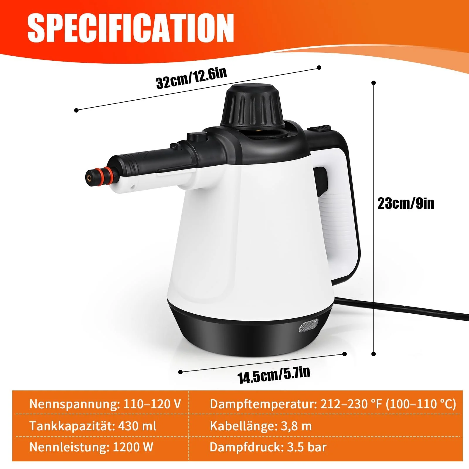 Пароочисник 430 мл 1200 Вт 3.5 бар з 9 насадками та підсвіткою, фото №7 Пароочисник 430 мл 1200 Вт 3.5 бар з 9 насадками та підсвіткою, фото №7