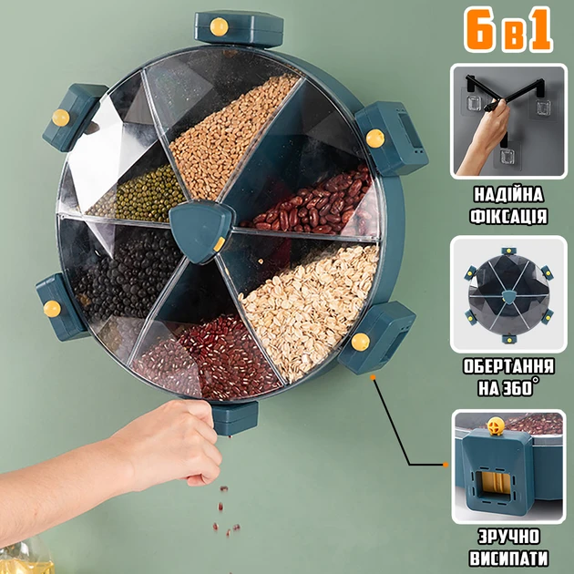 Карусель для зерен настенная с вращением 360 Kitchen Storage Box 6-in-1 кухонный набор круп креплением, фото №1 Карусель для зерен настенная с вращением 360 Kitchen Storage Box 6-in-1 кухонный набор круп креплением, фото №1