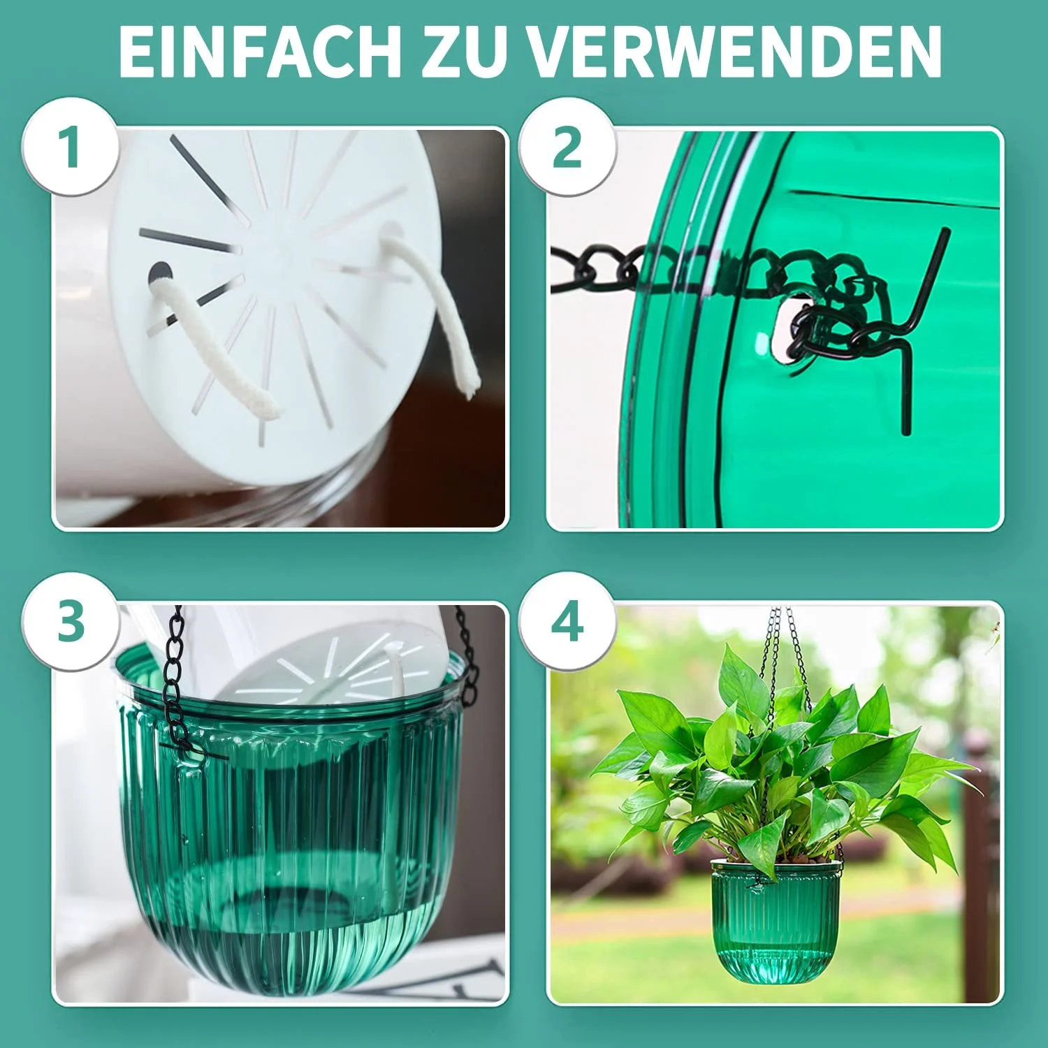 Набор подвесных вазонов с автополивом 2 шт. 16.5 см Зеленый Прозрачный ПЭТ, фото №5