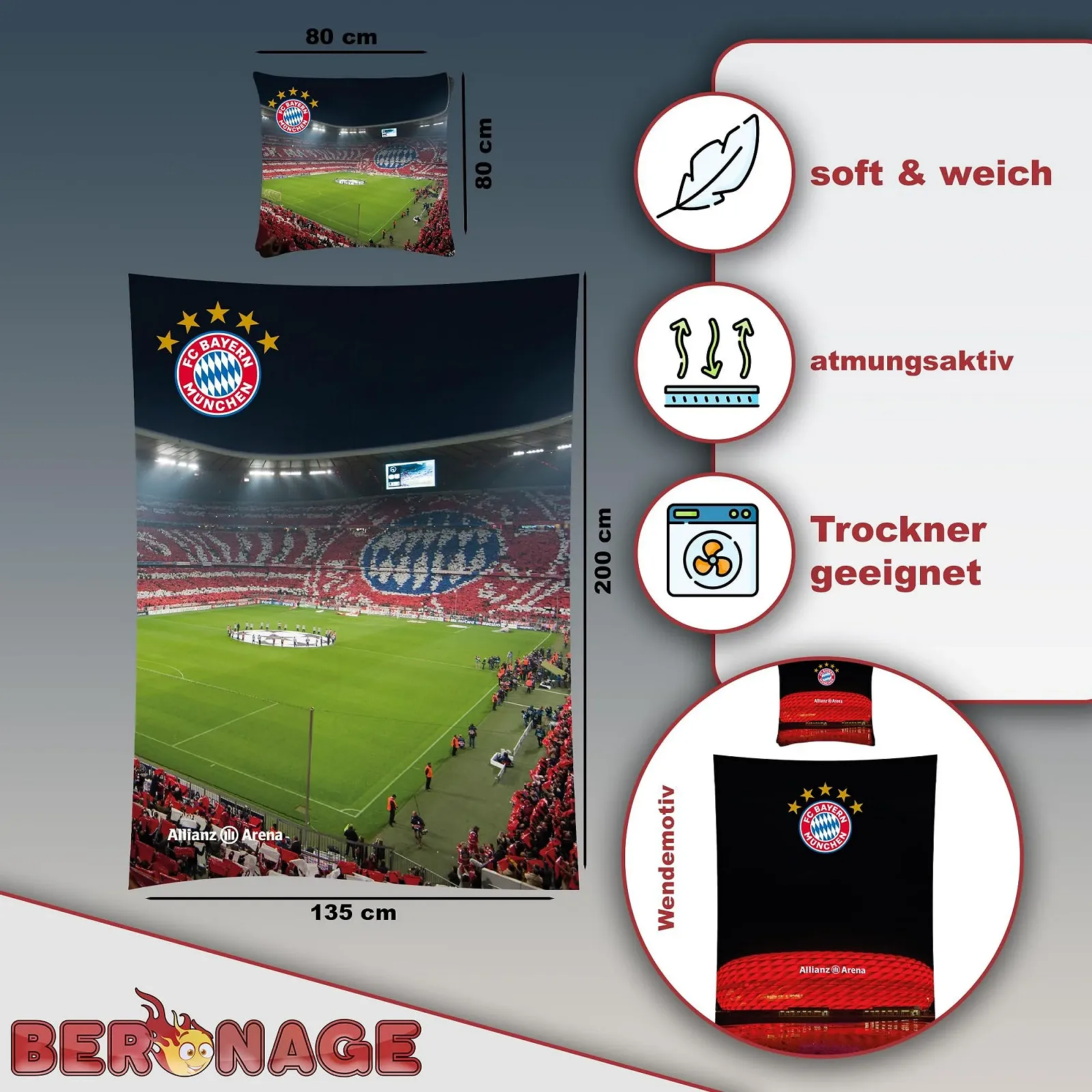 Постельное белье детское FC Bayern München Berni Mascot 135 x 200 см + 80 x 80 см 100% хлопок Renforcé Linon на молнии, фото №2