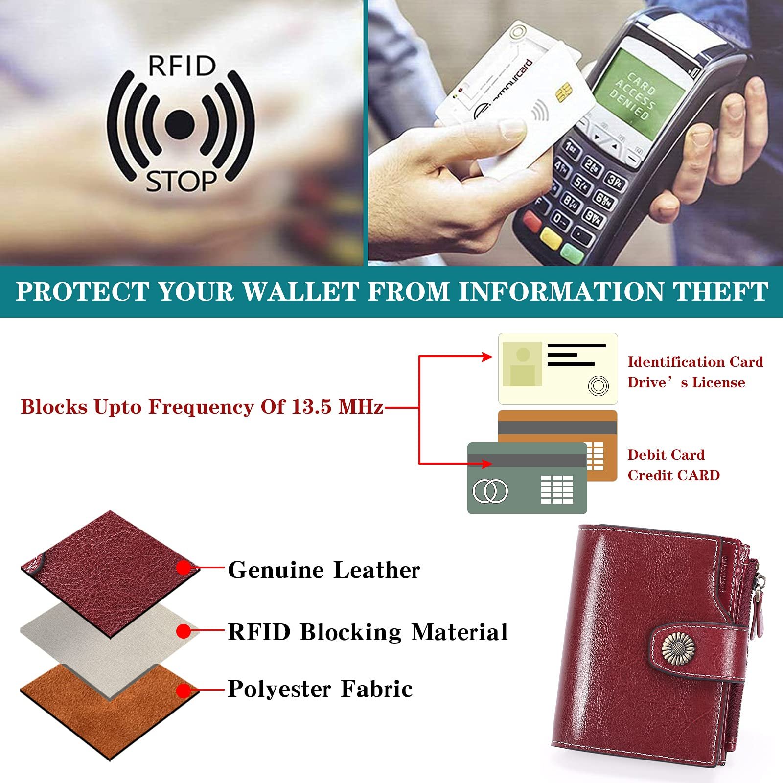 Гаманець Ayeelamb Жіночий зі шкіри, з RFID, 16 відділень для карток, фото №5