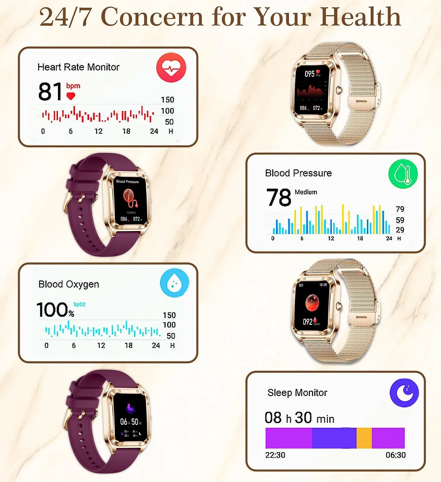 Смарт-годинник жіночий Betatree 1.6 дюйми, фітнес-трекер, монітор серцевого ритму/SpO2/сну, 19 видів спорту, крокомір, секундомір, сумісний з Android iOS, фото №5 Смарт-годинник жіночий Betatree 1.6 дюйми, фітнес-трекер, монітор серцевого ритму/SpO2/сну, 19 видів спорту, крокомір, секундомір, сумісний з Android iOS, фото №5