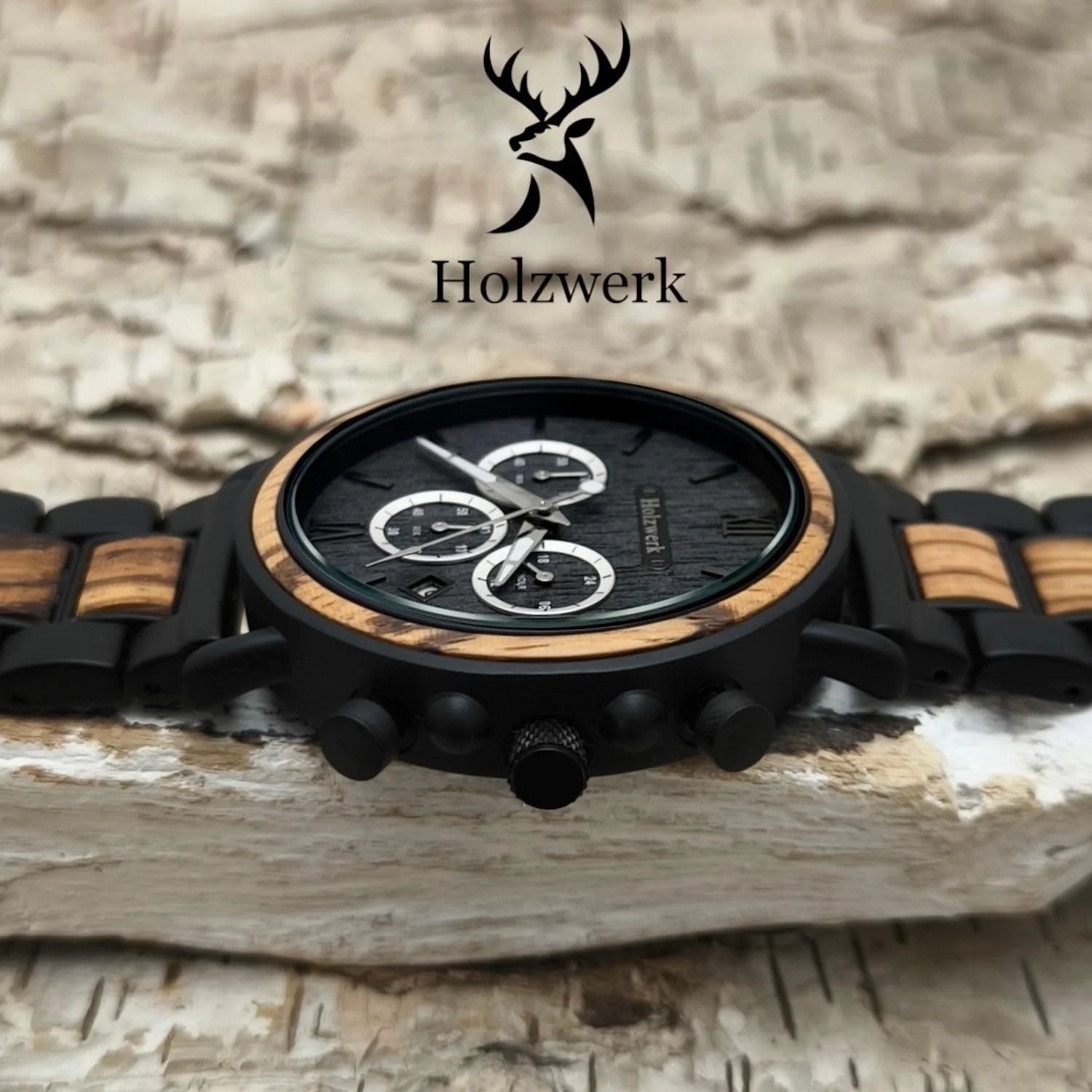 Мужские часы Holzwerk Germany, ручная работа, дизайнерские, эко, натуральное дерево, хронограф, аналоговые, кварцевые, коричневые, черные, серые, римские цифры, дата, фото №4