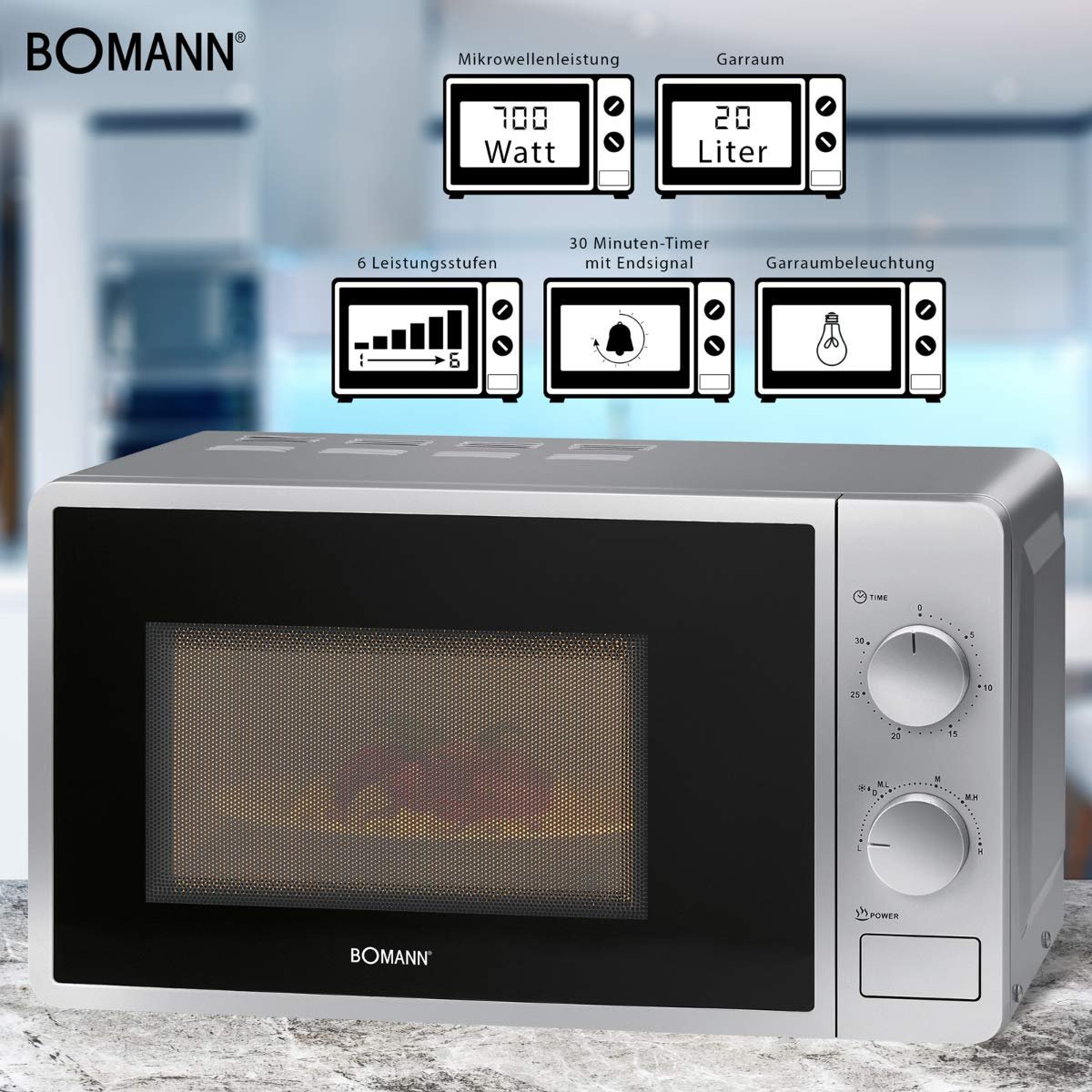 Микроволновая печь Bomann MW 6014 CB 700 Вт 6 уровней Рабочая камера 20 л Поворотный стол 360° Таймер с сигналом окончания Серебристая, фото №5