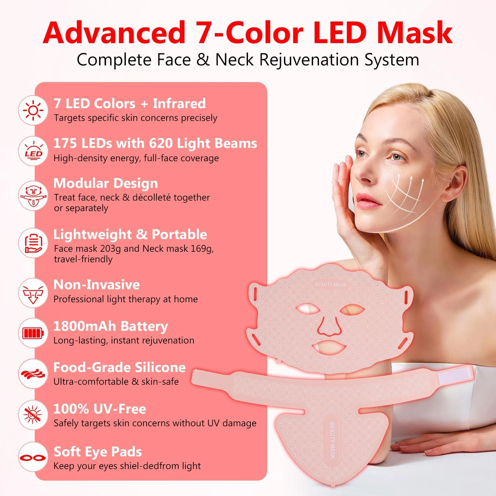 LED Маска для обличчя USUIELIGHT 7 Colours Світлова терапія, Червоне світло для анти-старіння, акне та підтяжки шкіри, фото №4