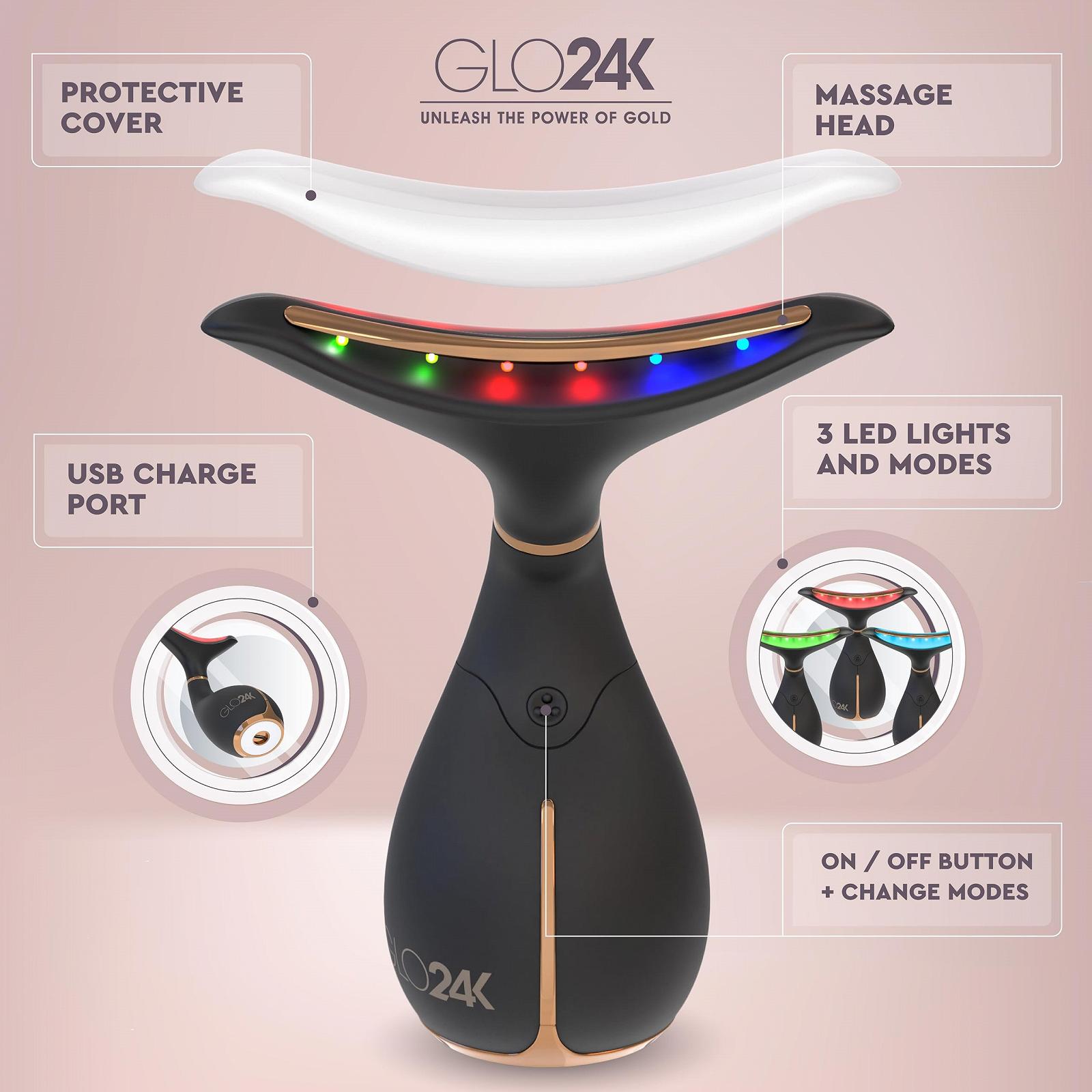 Прилад для догляду за шкірою обличчя та шиї GLO24K Red Light на основі потрійної дії LED, теплових і вібраційних технологій, фото №5