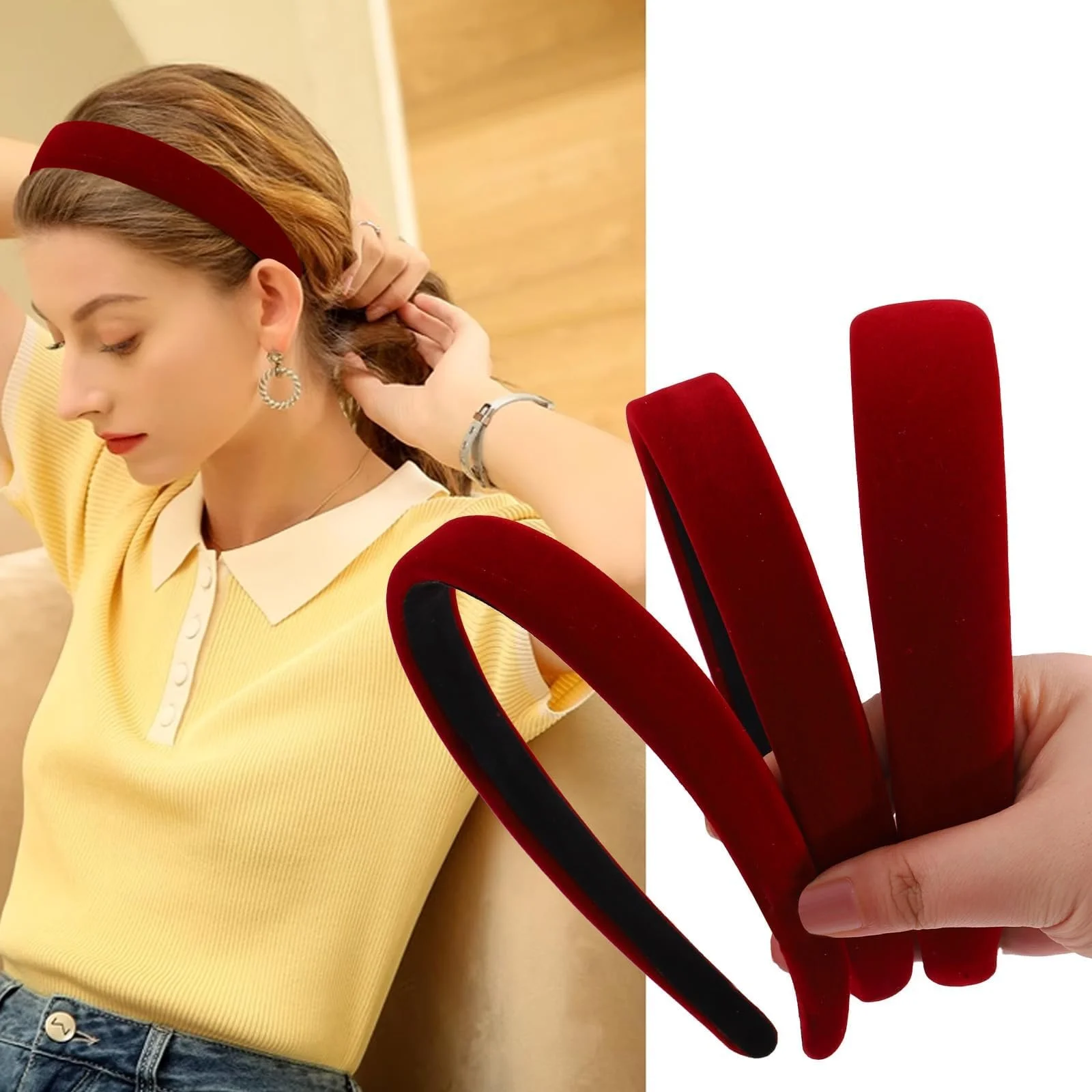 Обруч Оксамитовий Жіночий Широкий 3 шт Червоний, фото №3