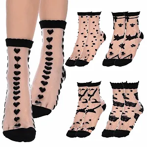 Носки Lusofie Прозрачные Женские Короткие в горошек полосатые клетчатые с рюшами Черные Прозрачные Щиколотки Сетчатые Летние Тонкие Модные Носки, черный, Универсальный размер - Фото 1