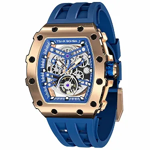 Мужские Автоматические Часы Tonneau Skeleton TSAR BOMBA Водонепроницаемые до 50 м Аналоговые Механические Дайвинг Квадратные Hollow Японский Механизм Сапфировое Зеркало Силиконовый Ремешок - Фото 1