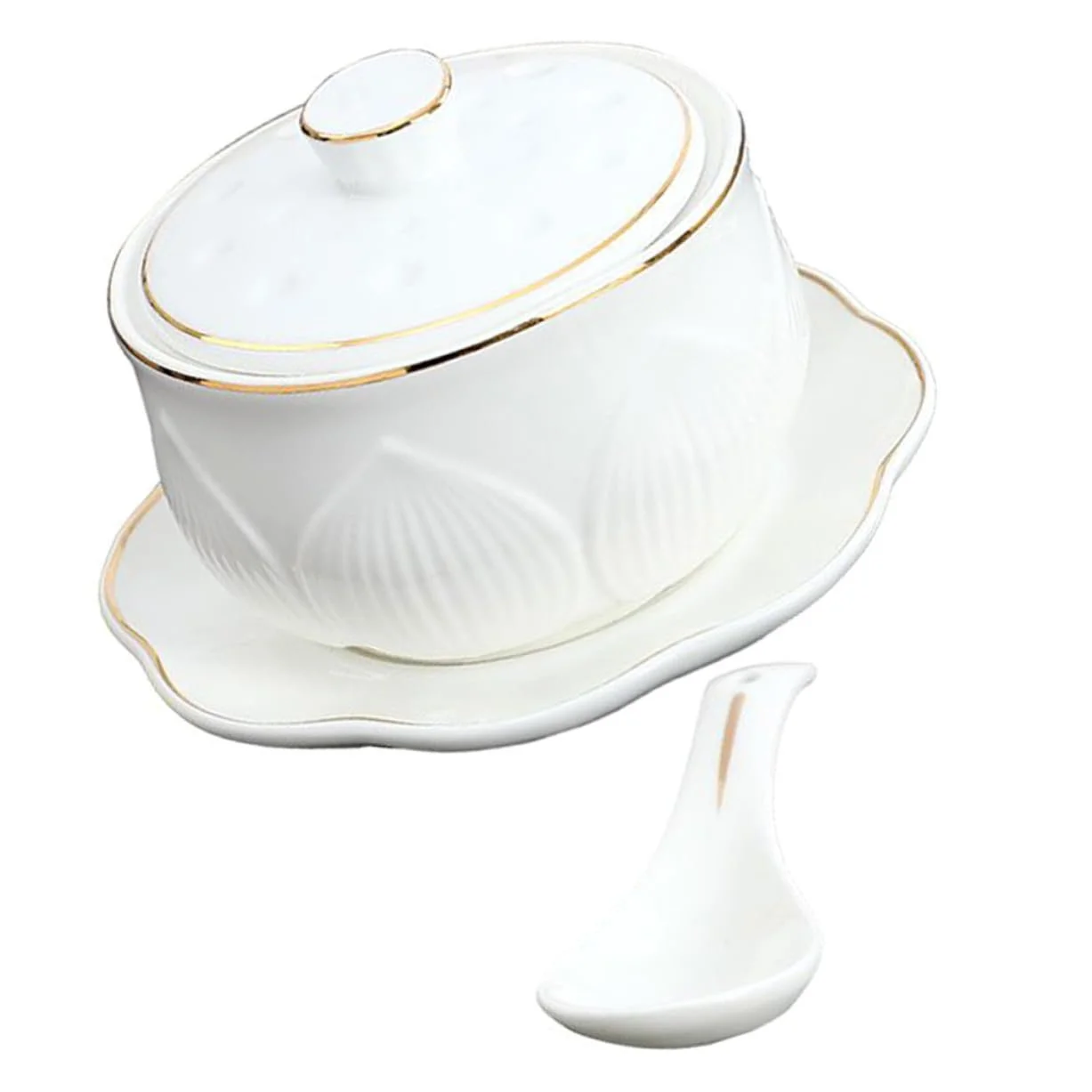 Керамічна каструля для тушкування маленька з кришкою та ложкою біла, фото №1