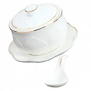 Керамічна каструля для тушкування маленька з кришкою та ложкою біла - Фото 1