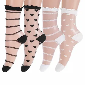 Прозрачные носки 4 пары Кружевные короткие носки Женские ультратонкие сетчатые летние носки до икры для девушек-женщин Универсальный размер Белый + Черный - Фото 1