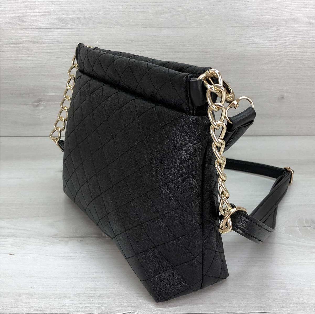 Жіноча чорна сумка на плече з довгим і коротким ременем, з ланцюжком, фото №4