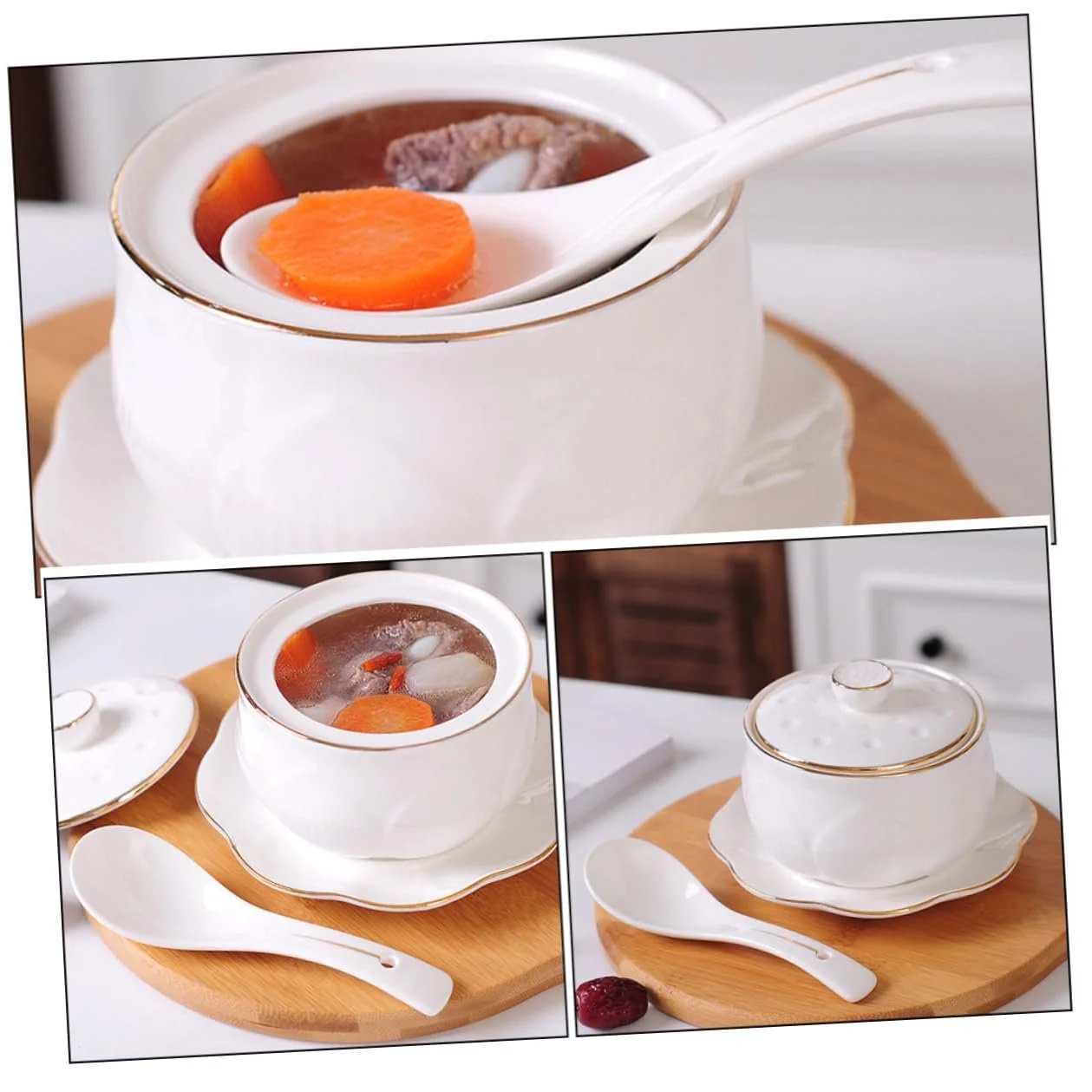 Керамічна каструля для тушкування маленька з кришкою та ложкою біла, фото №3