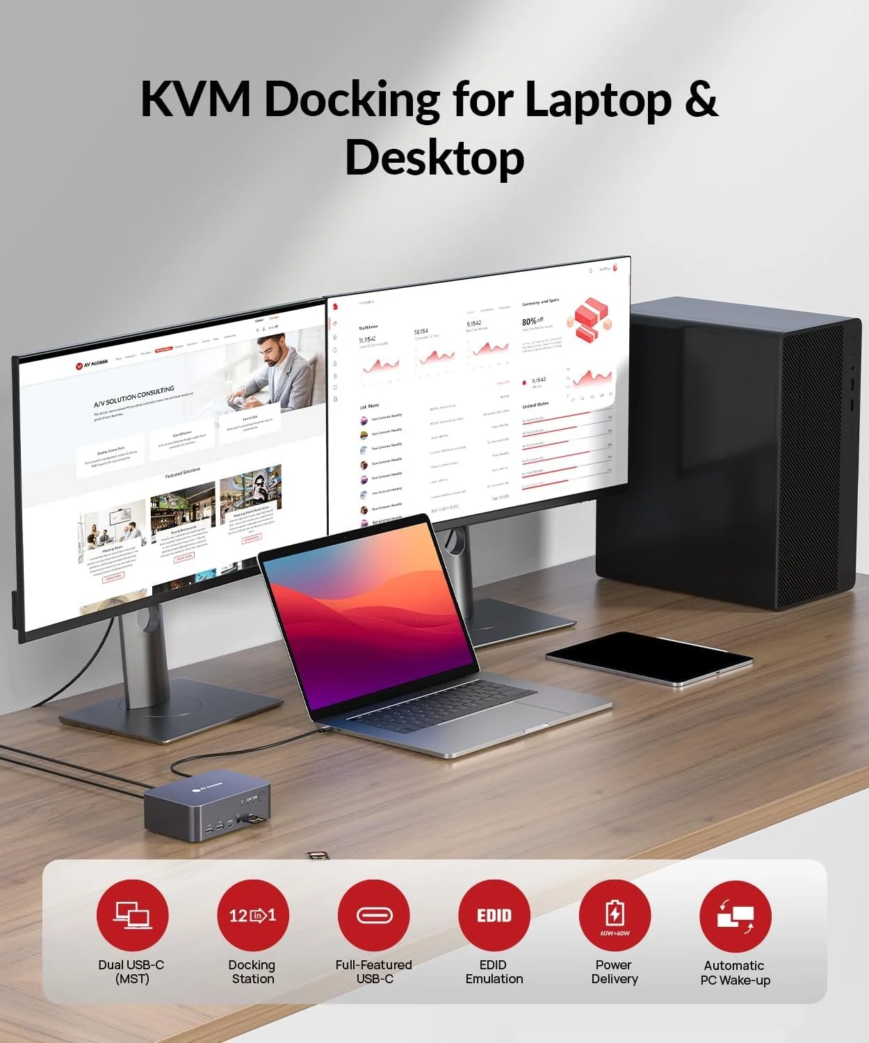 Док-станція AV ACCESS iDock C10 /  USB-C / Подвійний 4K@60Hz / 60W PD / Gigabit Ethernet / Чорна, фото №5